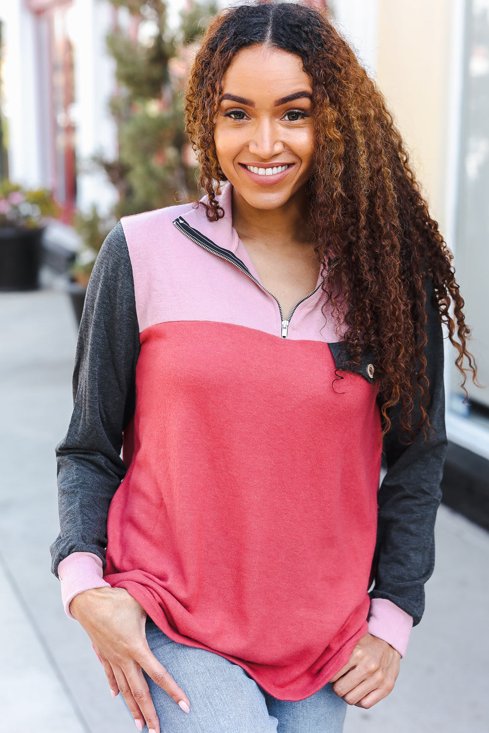 Be Bold Coral & Charcoal Color Block Zip Down Pullover