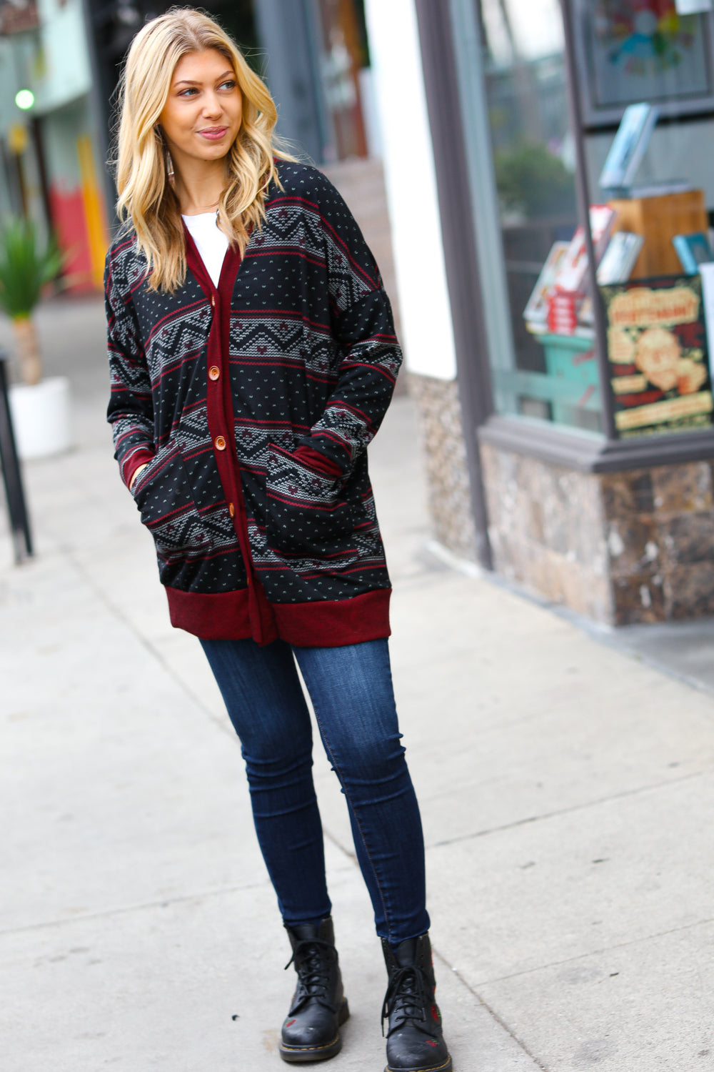 Classic Burgundy Holiday Print Button Cardigan