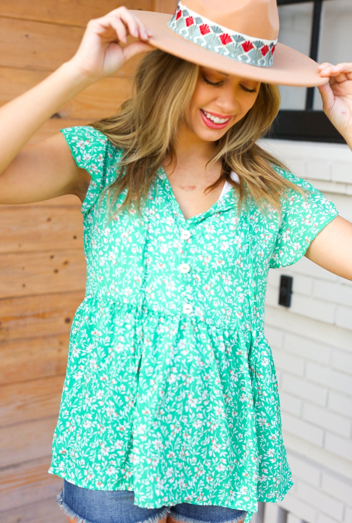 Green Floral Button Tie Neck Babydoll Top