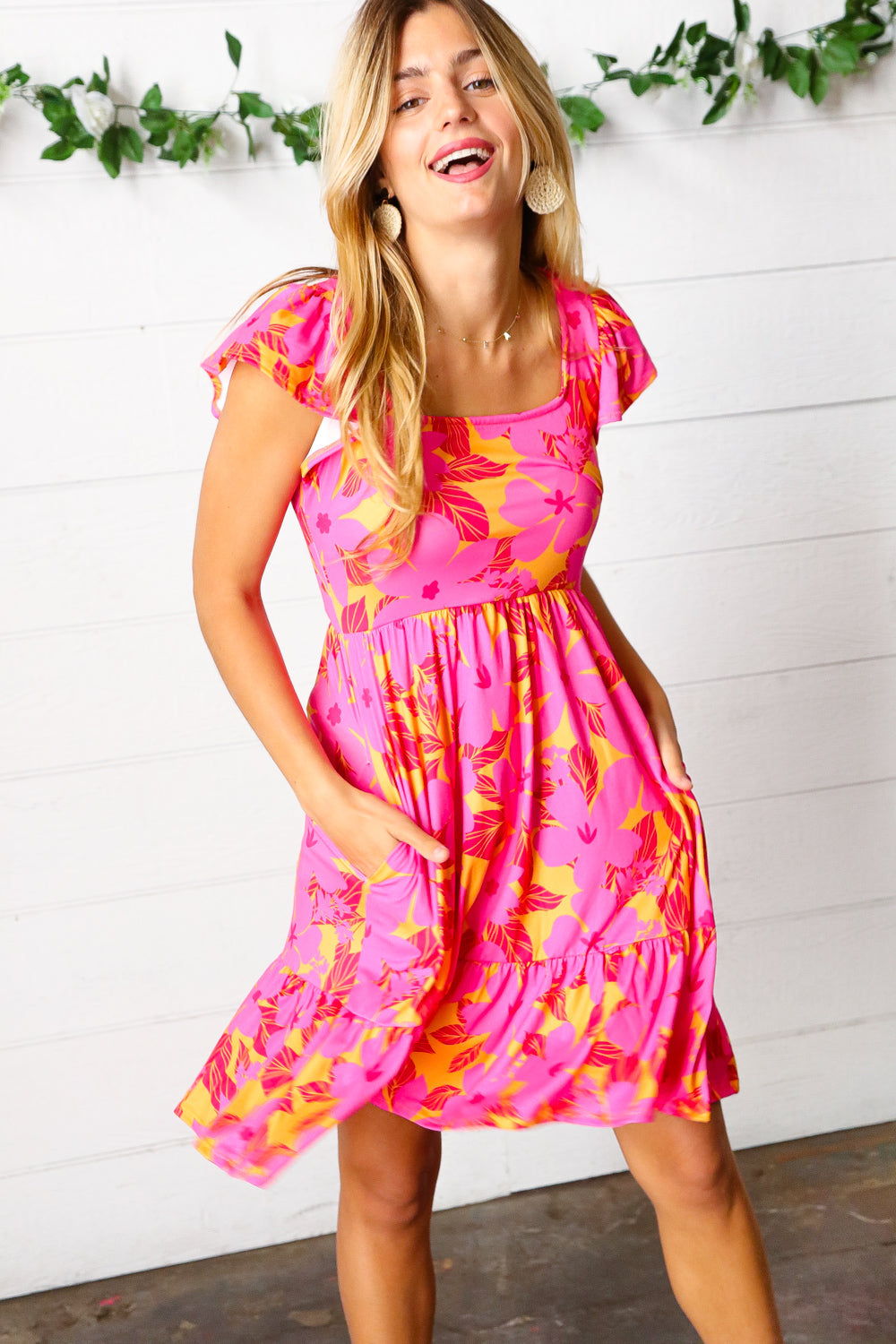 Fuchsia & Orange Tropical Floral Square Neck Dress