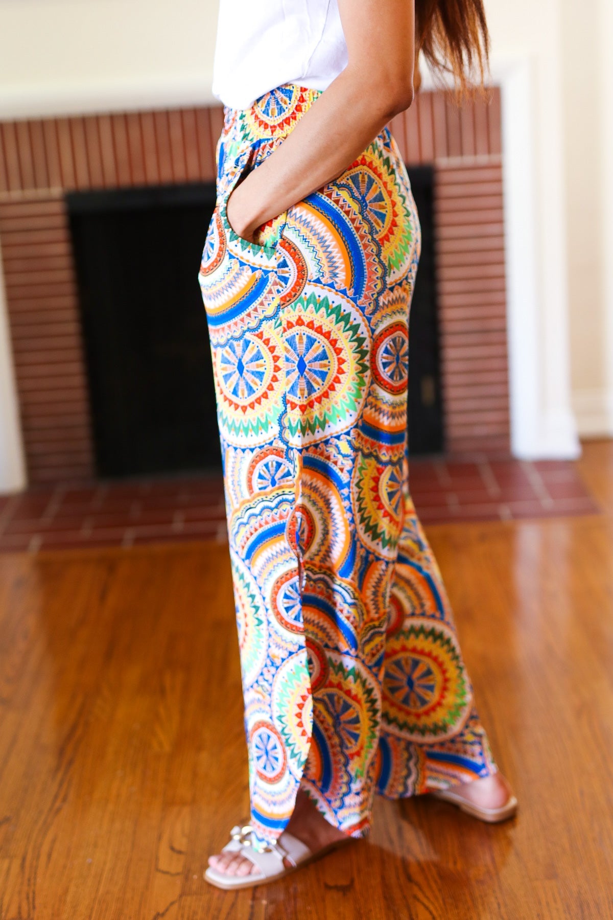 Multicolor Mandala Smocked Waist Side Slit Palazzo Pants