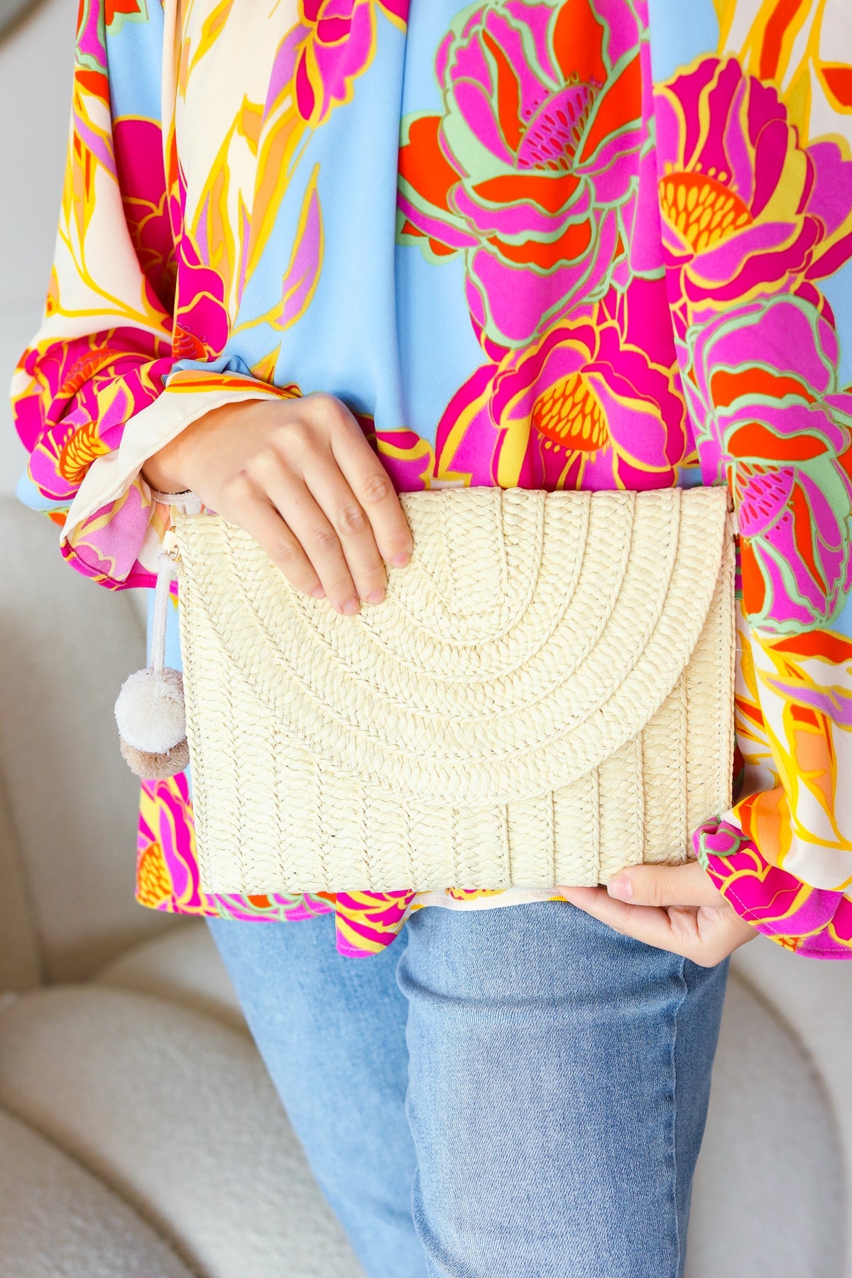 Raffia Flap Closure Clutch Bag with Wrist Strap and Pom Pom