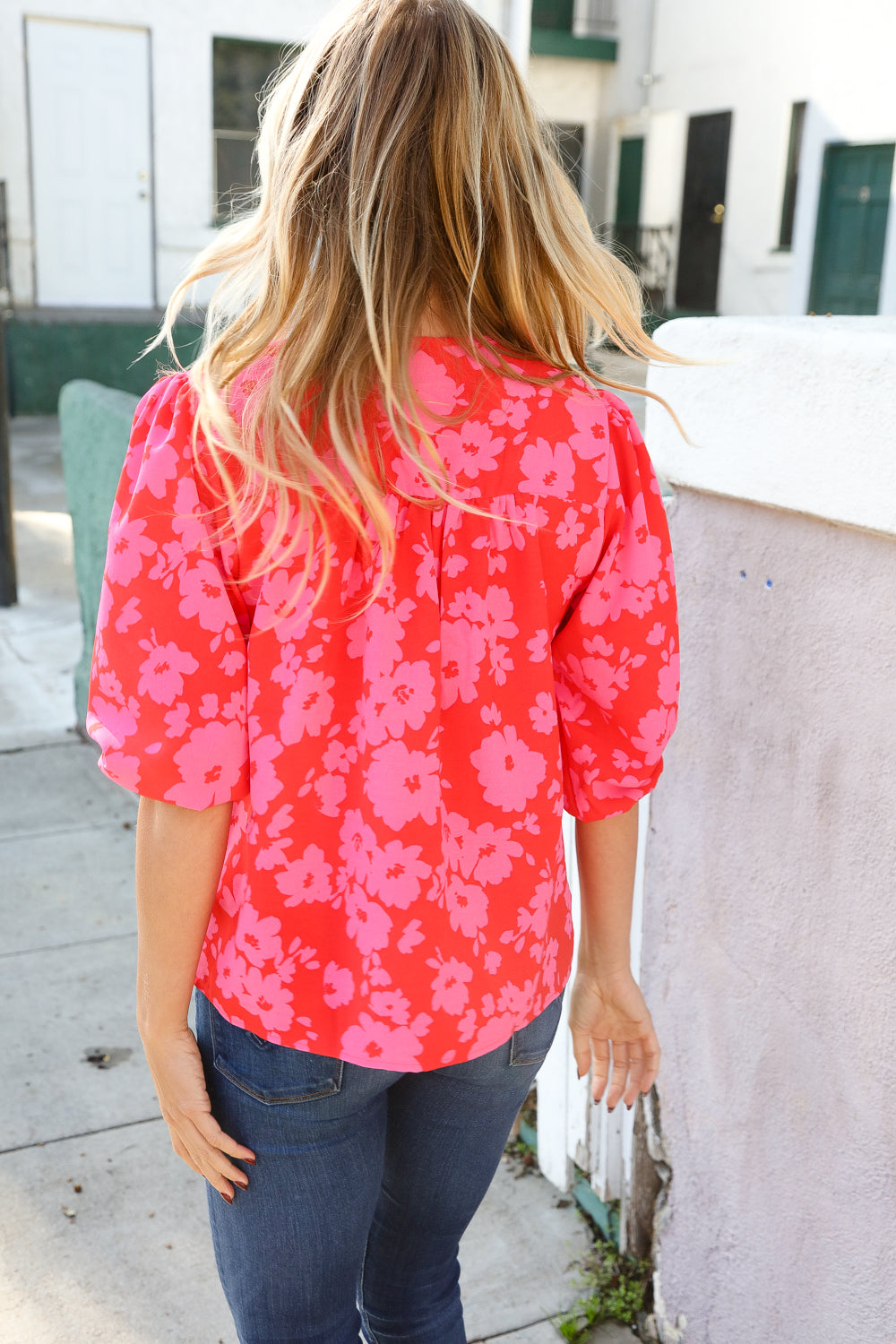 New Day Red Ribbon Bow Detail Floral Woven Blouse