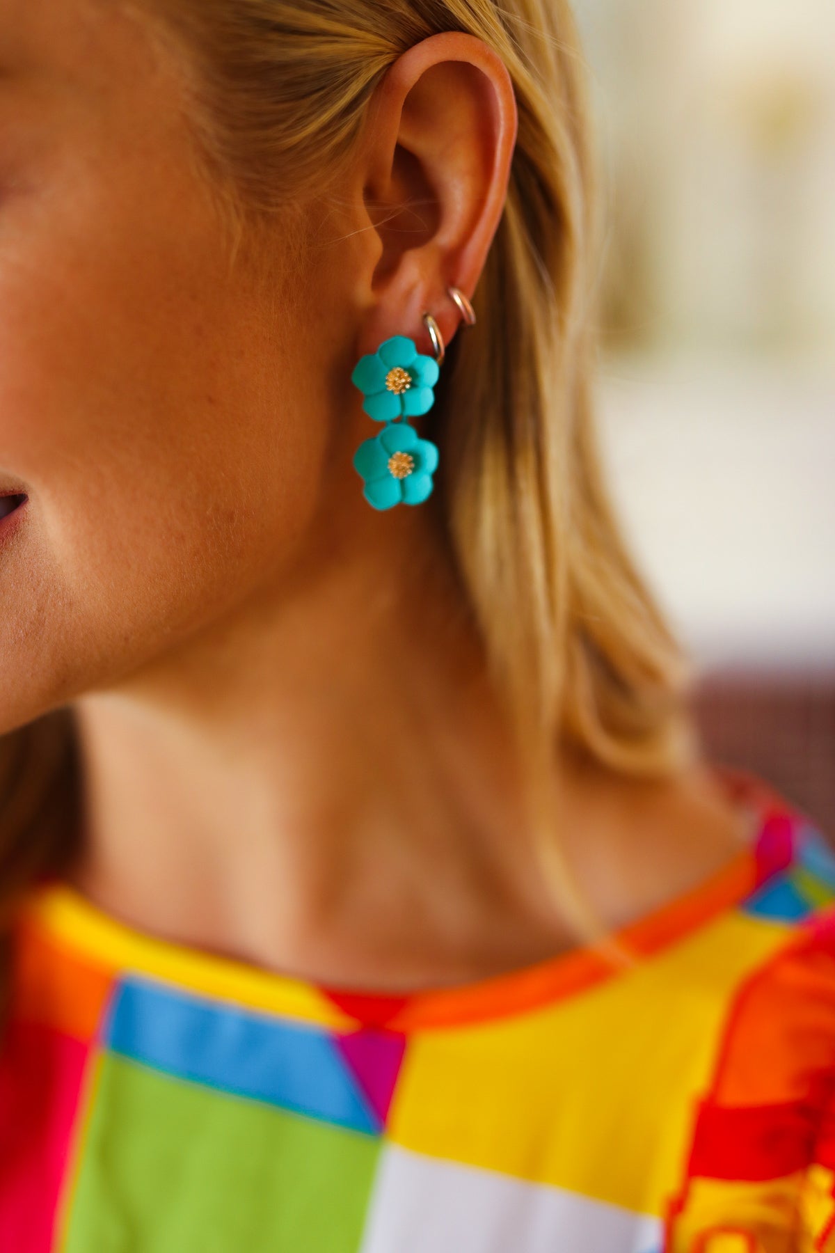 Teal Tiered Flower Dangle Earrings