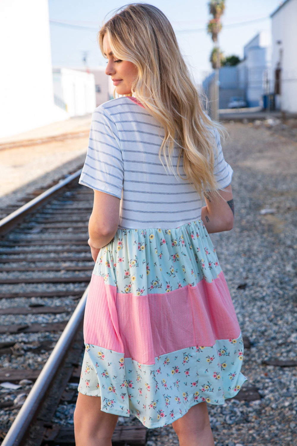 Floral and Stripe Color Block Fit and Flare Rib Dress