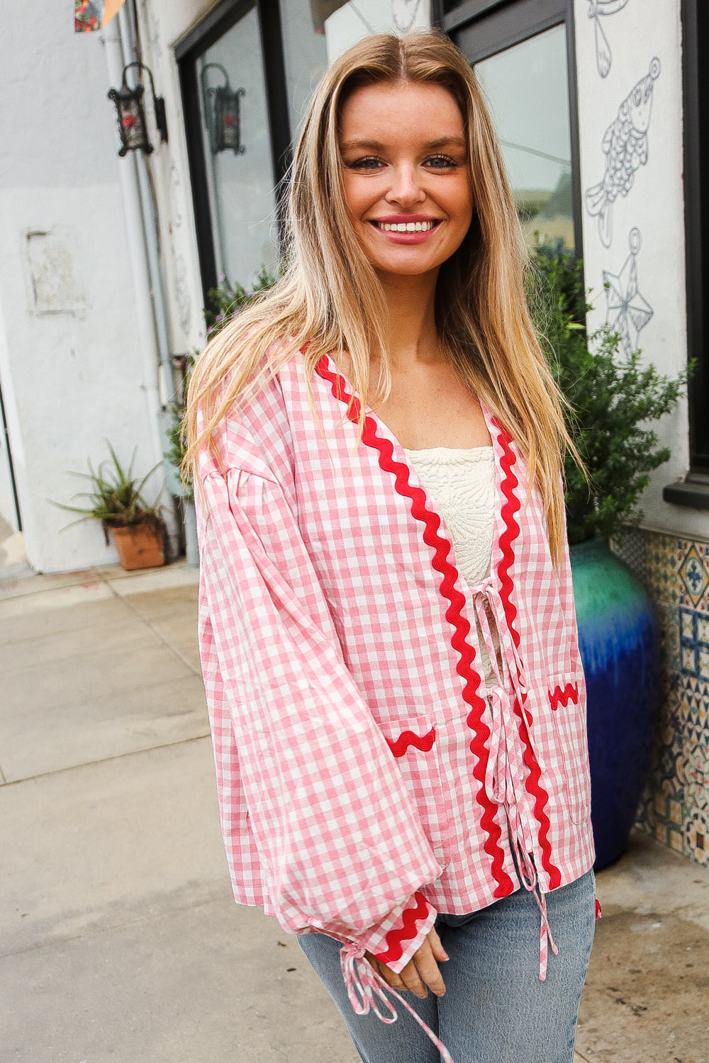 Spell Bound Red & Pink Cotton Ribbon Tie Gingham Pocket Jacket