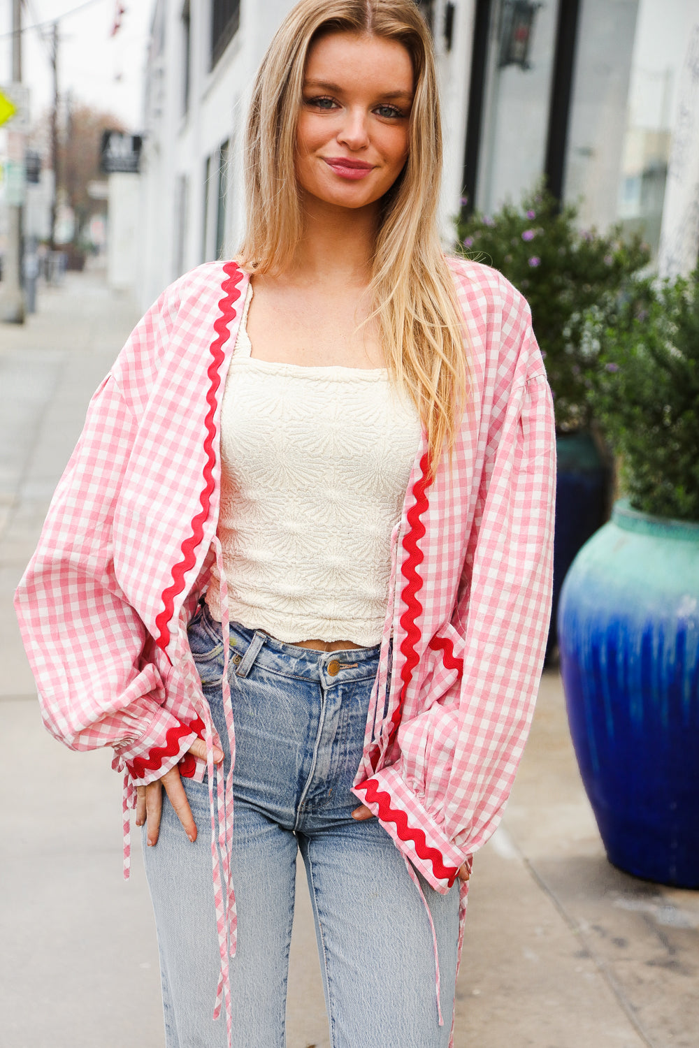 Spell Bound Red & Pink Cotton Ribbon Tie Gingham Pocket Jacket