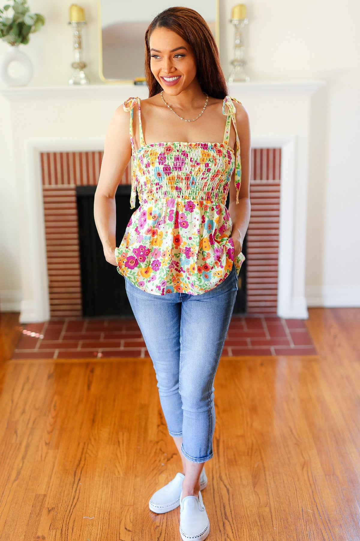 Sunny Days Yellow Floral Smocked Shoulder Tie Top