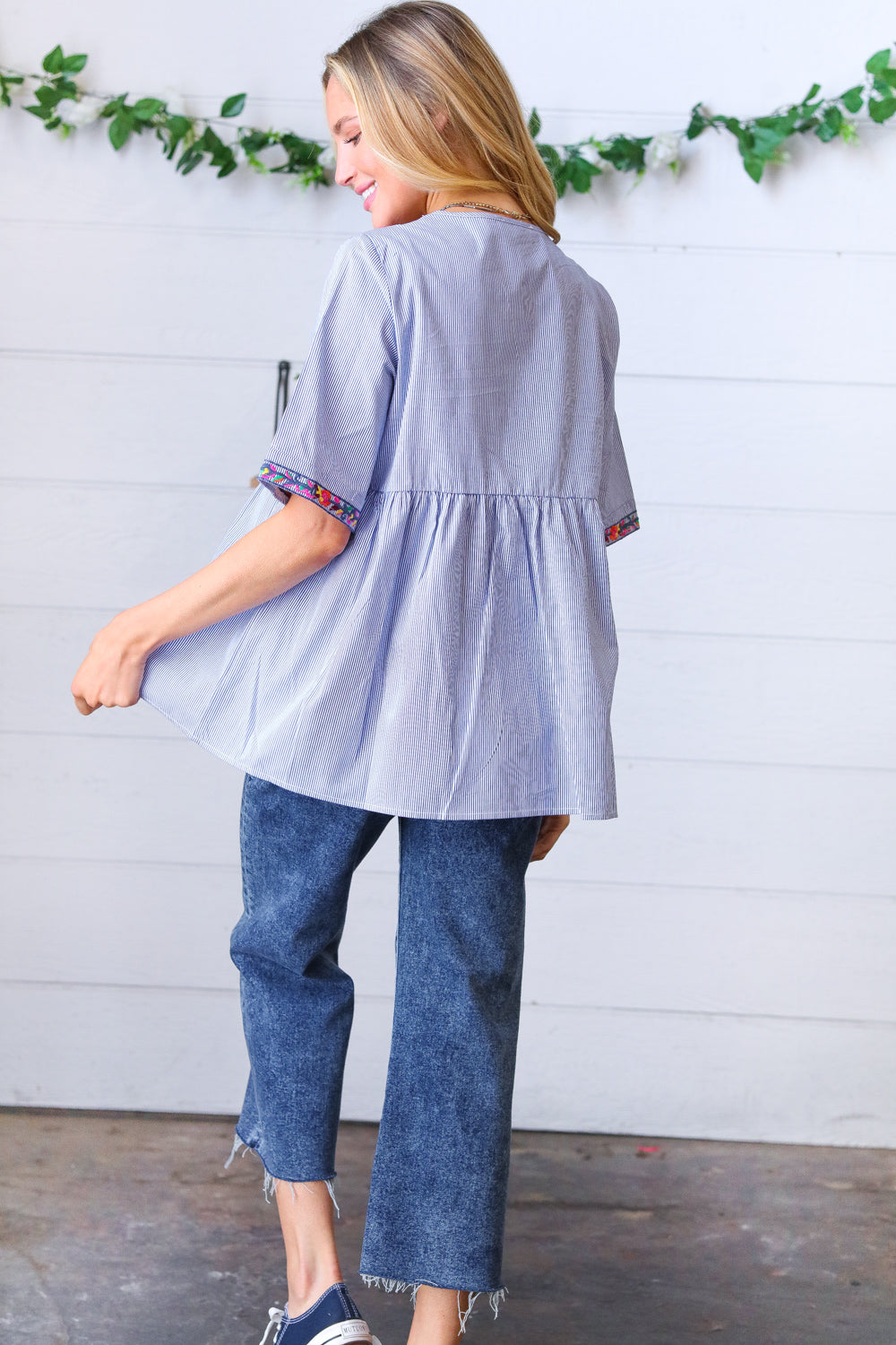 Navy Stripe Embroidered Beaded Pom Pom Yoke Top