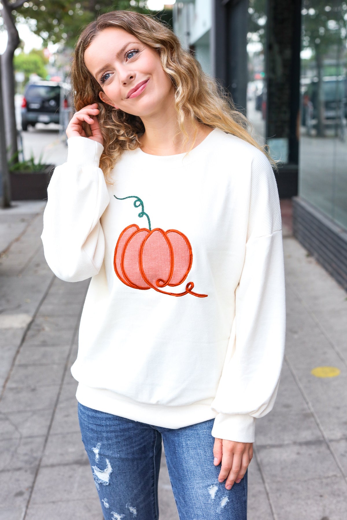 Halloween Lovely Ivory Embroidered Pumpkin Knit Sweater