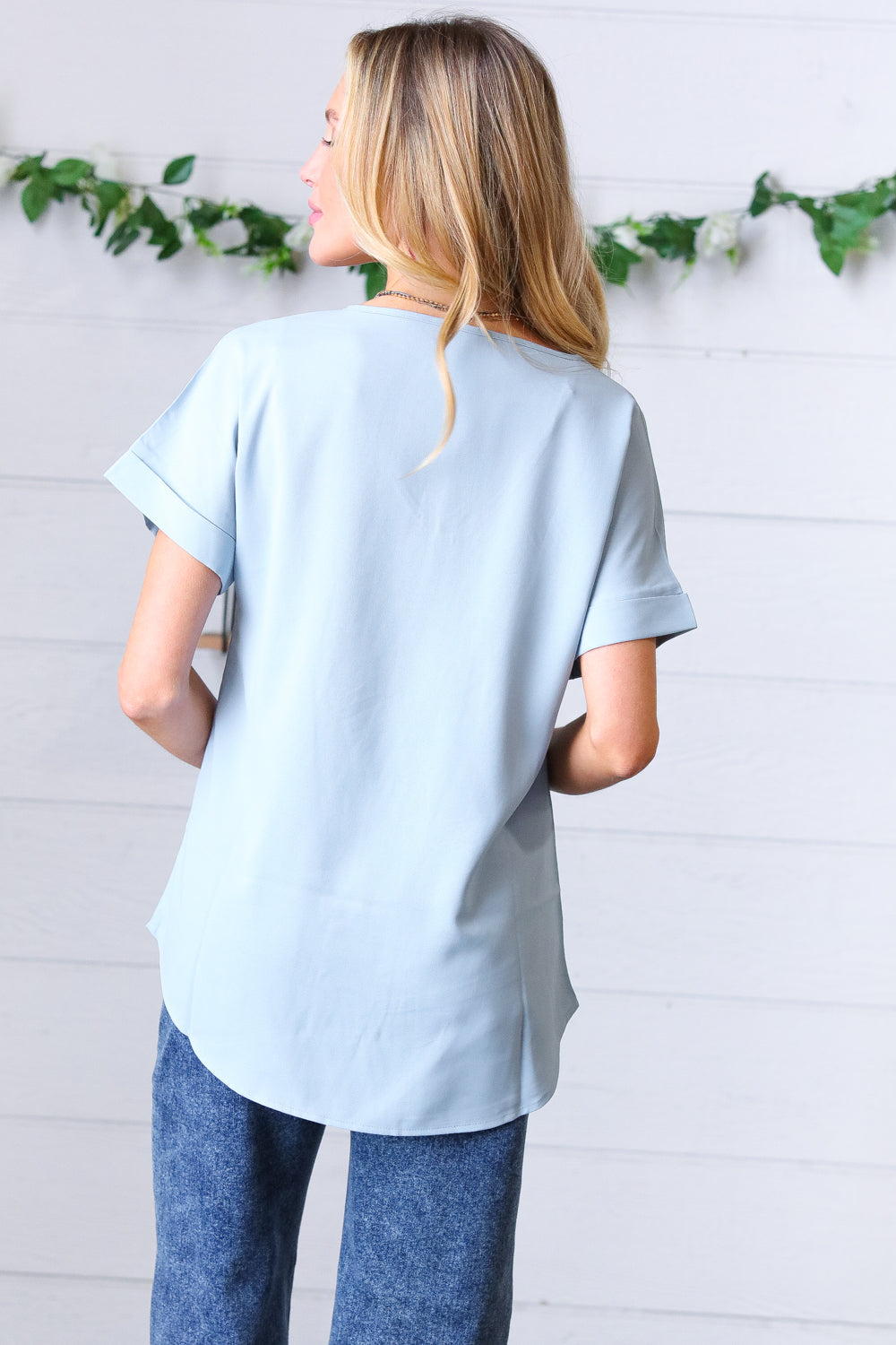 Ash Blue Wool Dobby Rolled Sleeve V Neck Top