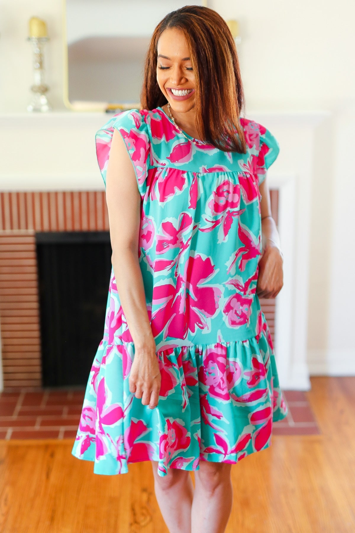 Diva Dreaming Aqua & Fuchsia Floral Print Tiered Ruffle Sleeve Dress