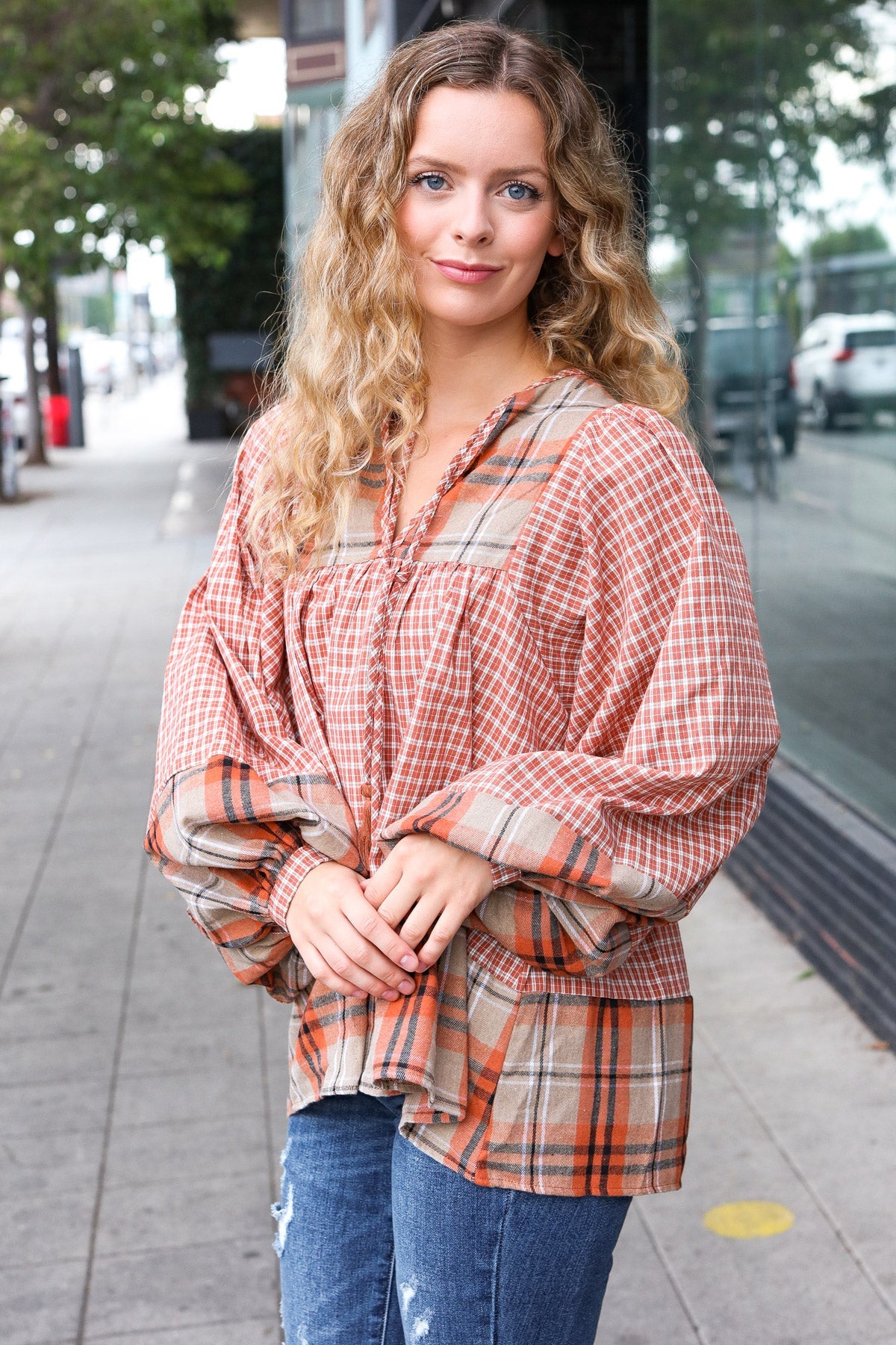 Under Your Spell Rust Plaid Color Block Notch Neck Top