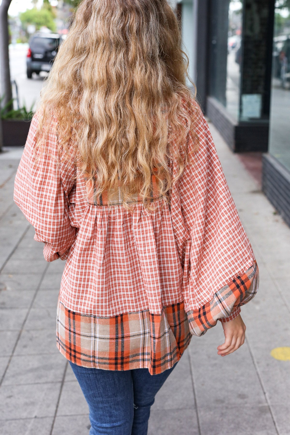 Under Your Spell Rust Plaid Color Block Notch Neck Top