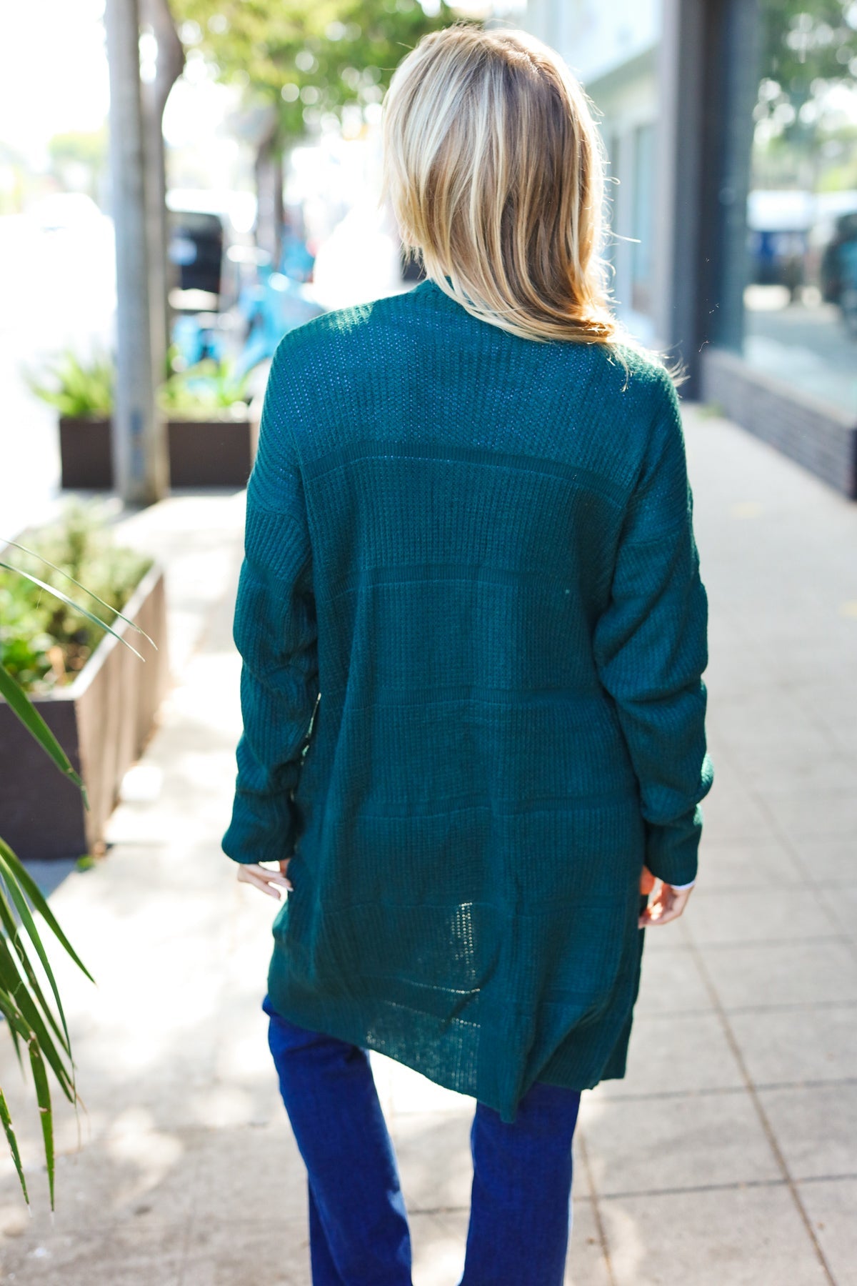 Everyday Hunter Green Striped Knit Open Cardigan