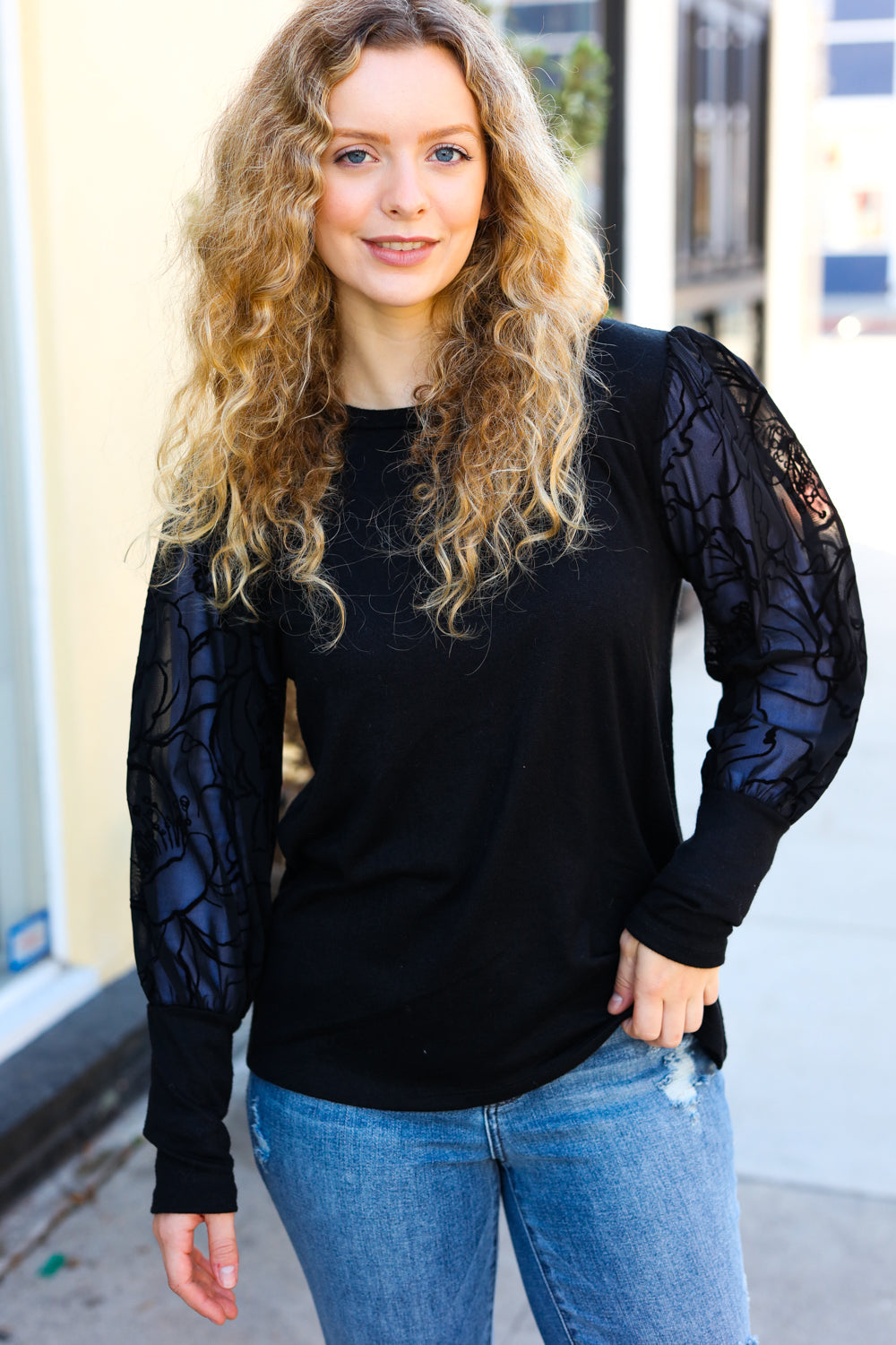 Black Floral Mesh Bubble Sleeve Top