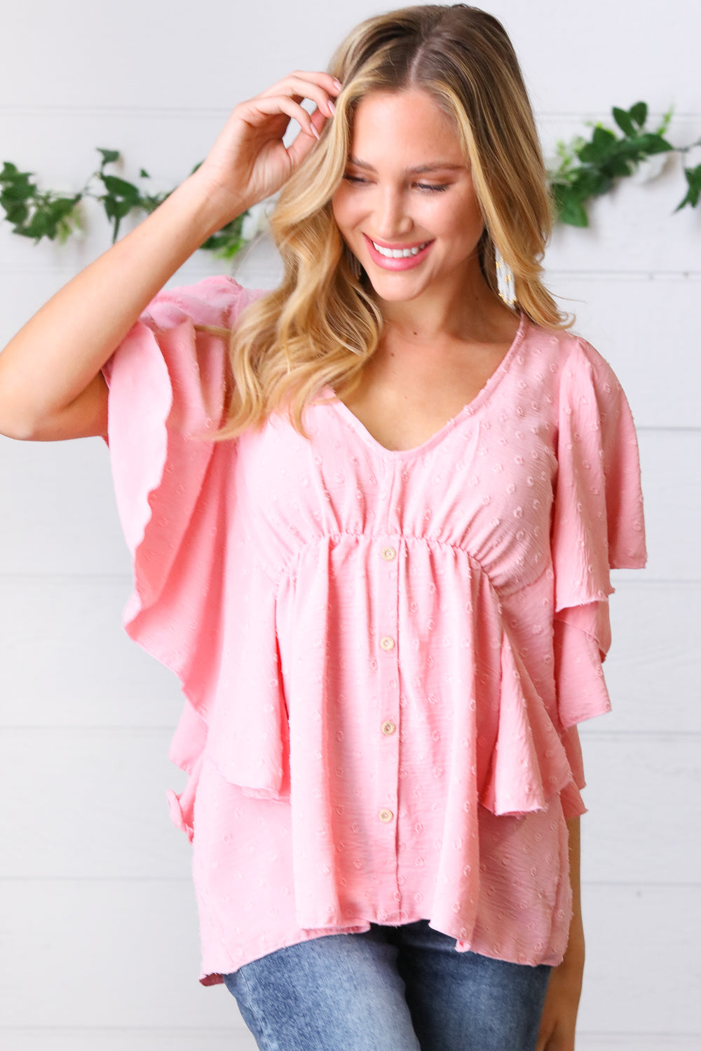 Soft Pink Swiss Dot Ruffle Woven Top