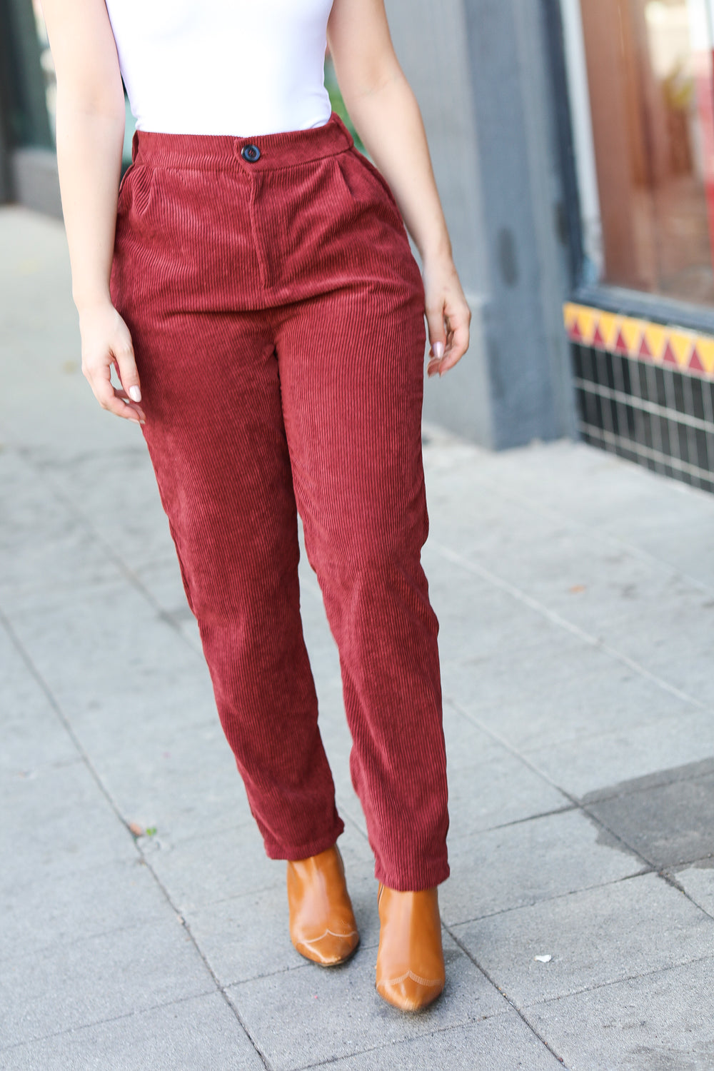 Going Your Way Burgundy Corduroy High Rise Tapered Pants