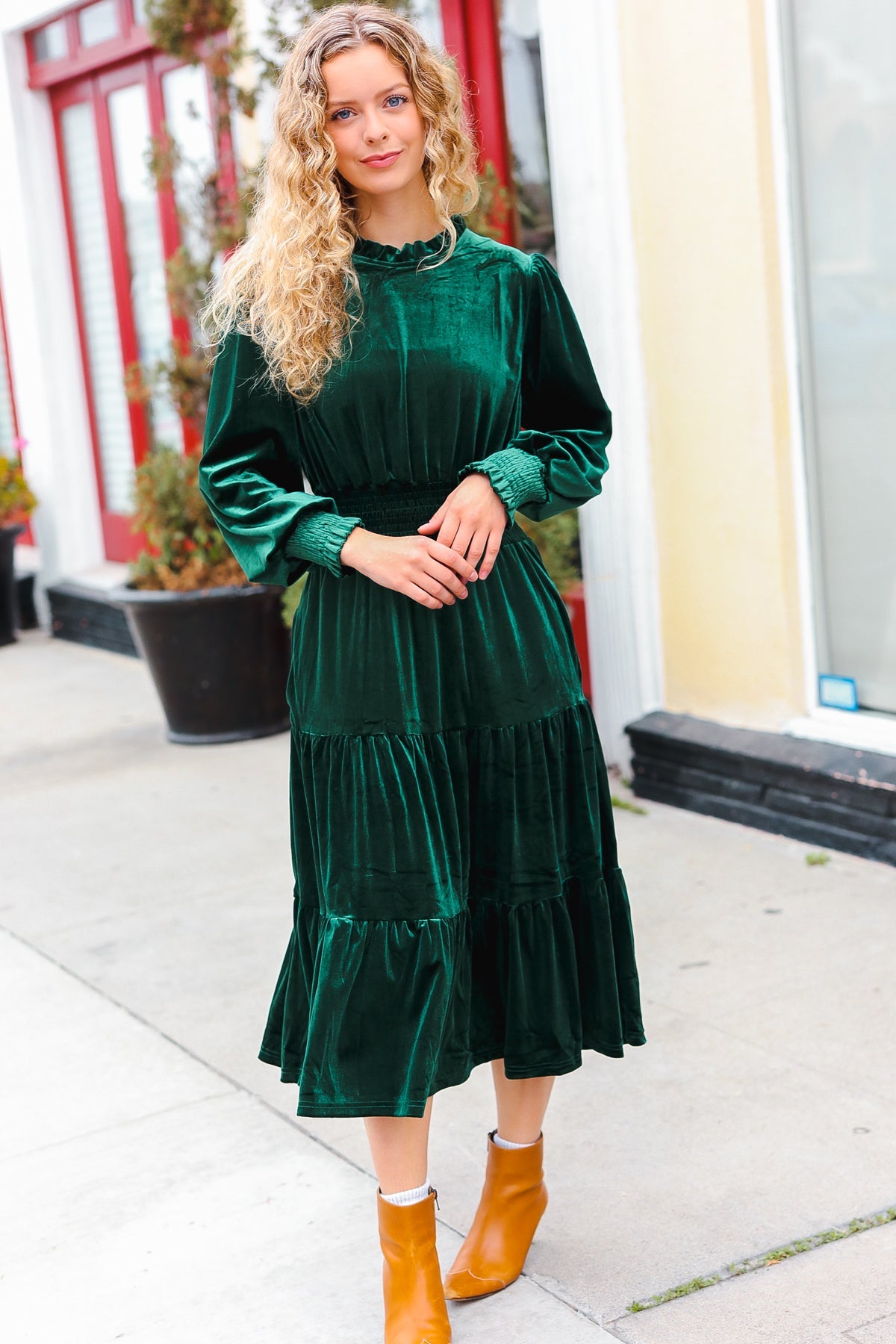 Holiday Dreaming Hunter Green Velvet Mock Neck Smocked Waist Dress