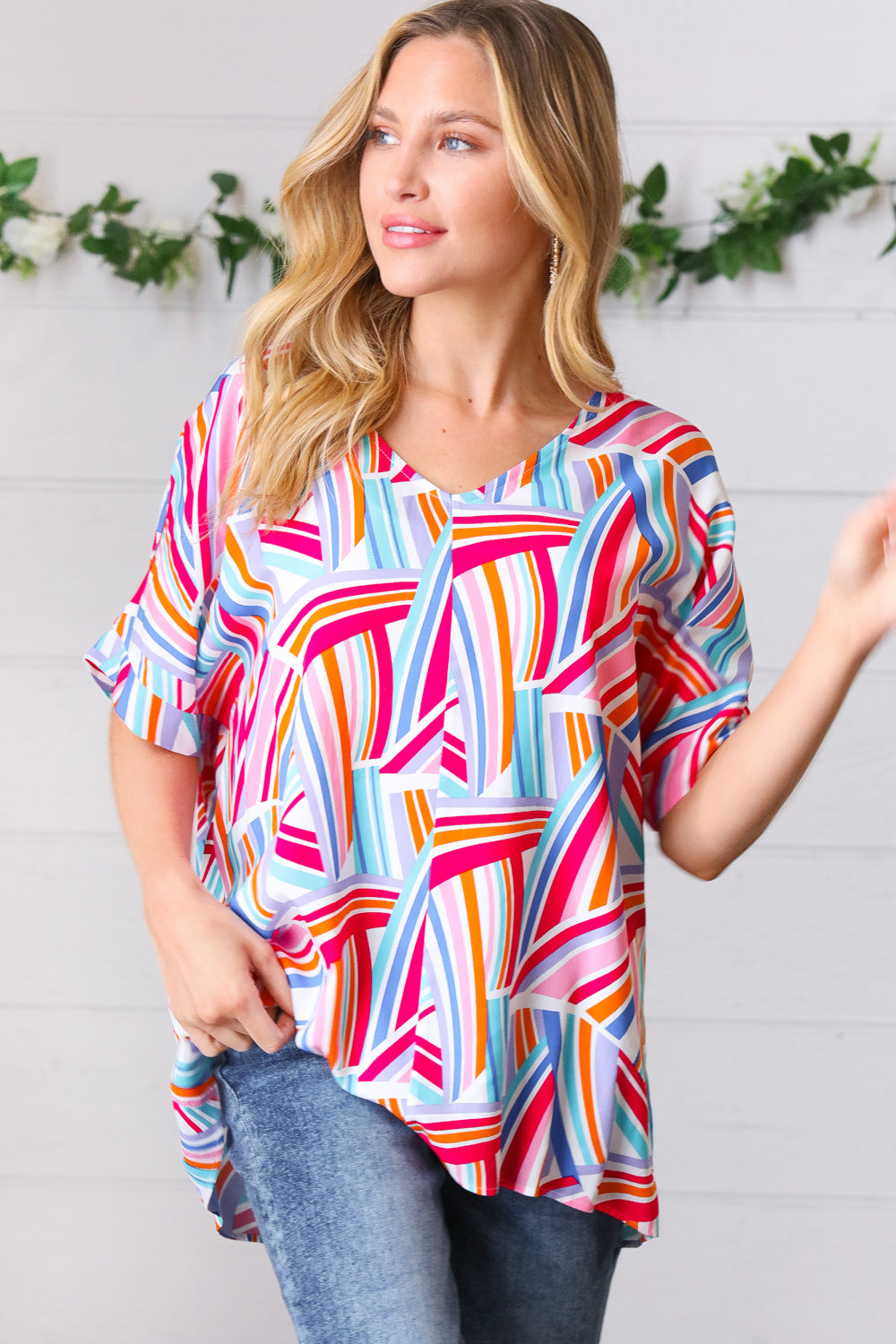 Blue & Fuchsia Geometric Print Woven Top