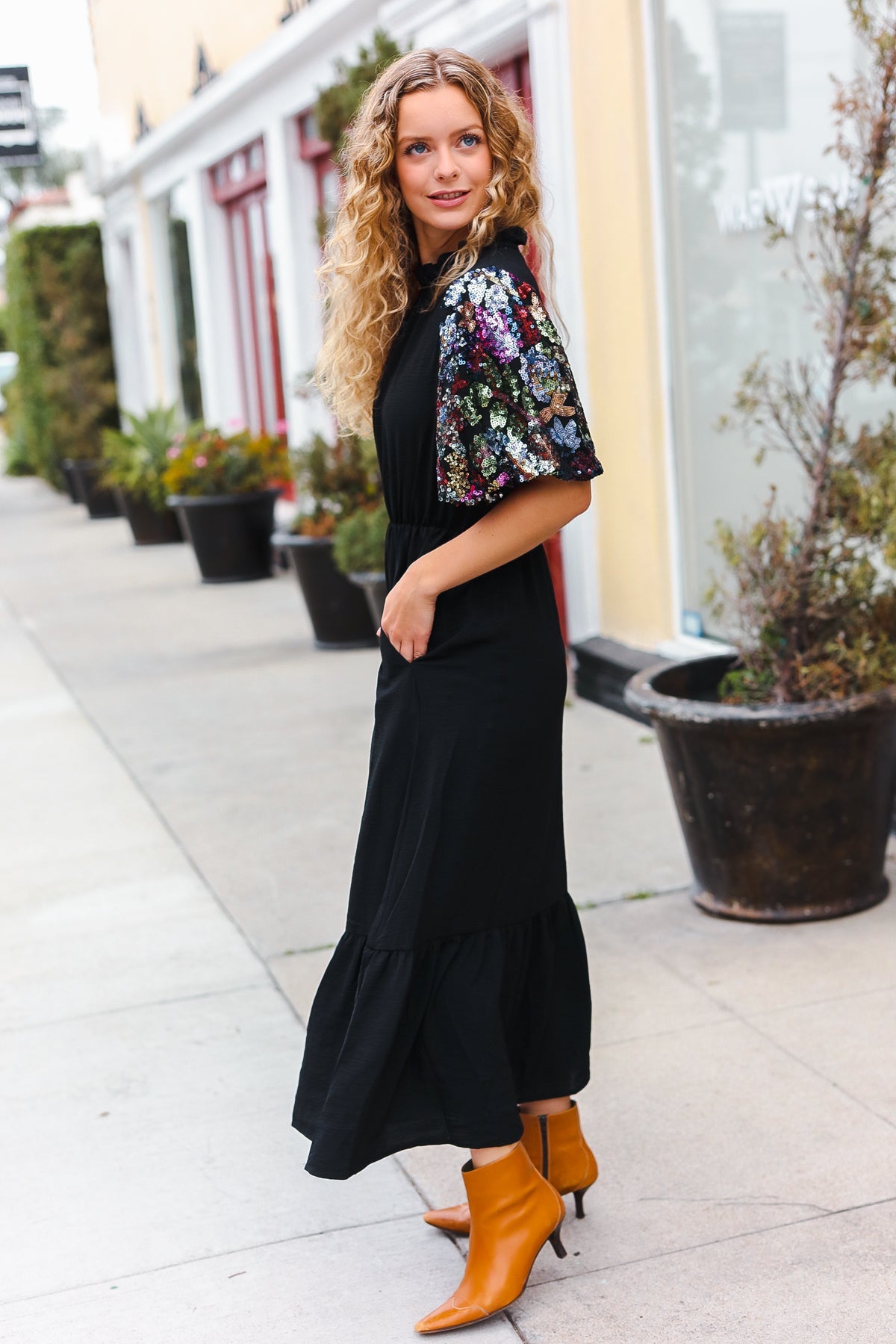 Black Floral Sequin Puff Sleeve Mock Neck Tiered Maxi Dress