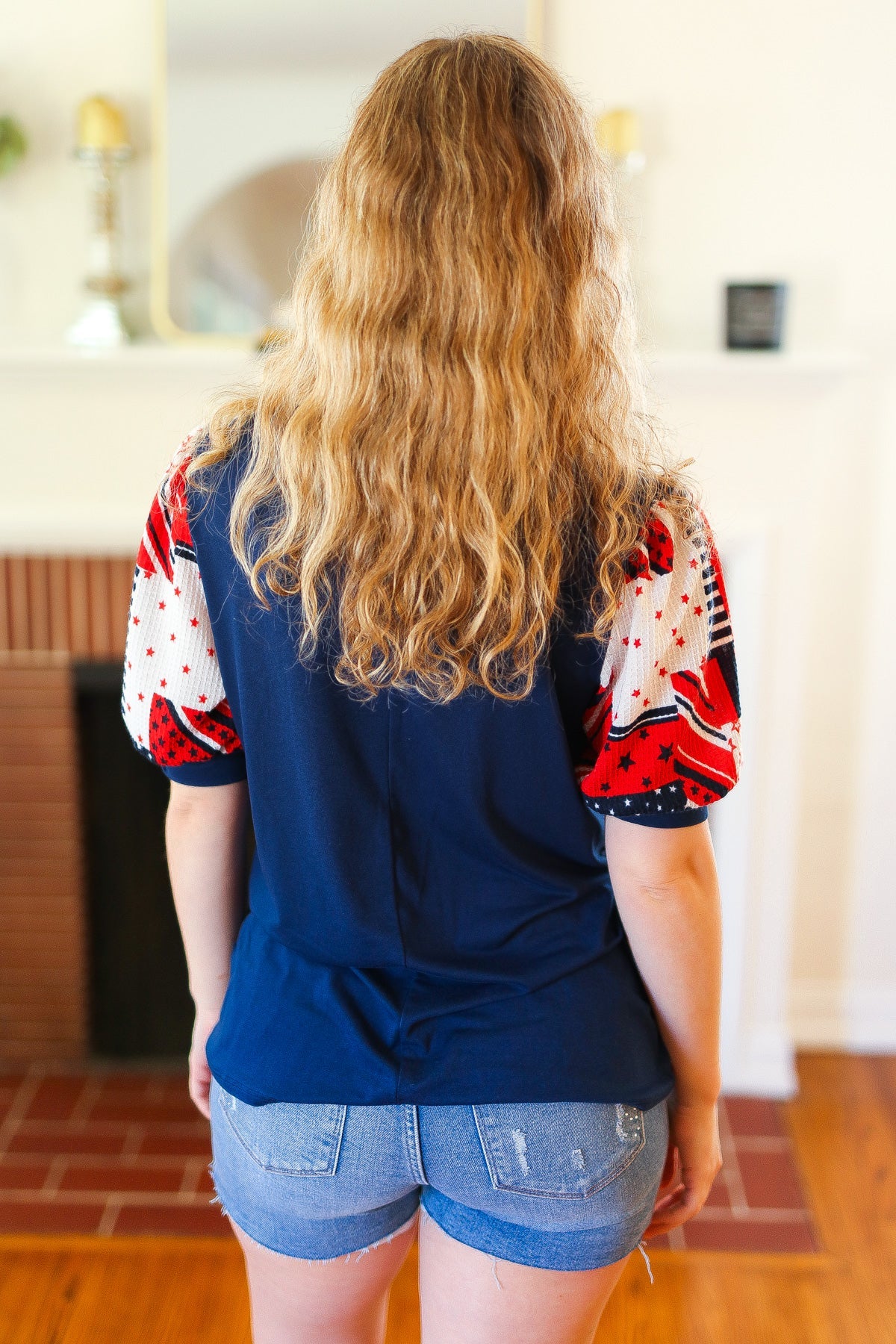 Stand-Out Navy Patriotic Patchwork Puff Sleeve Top