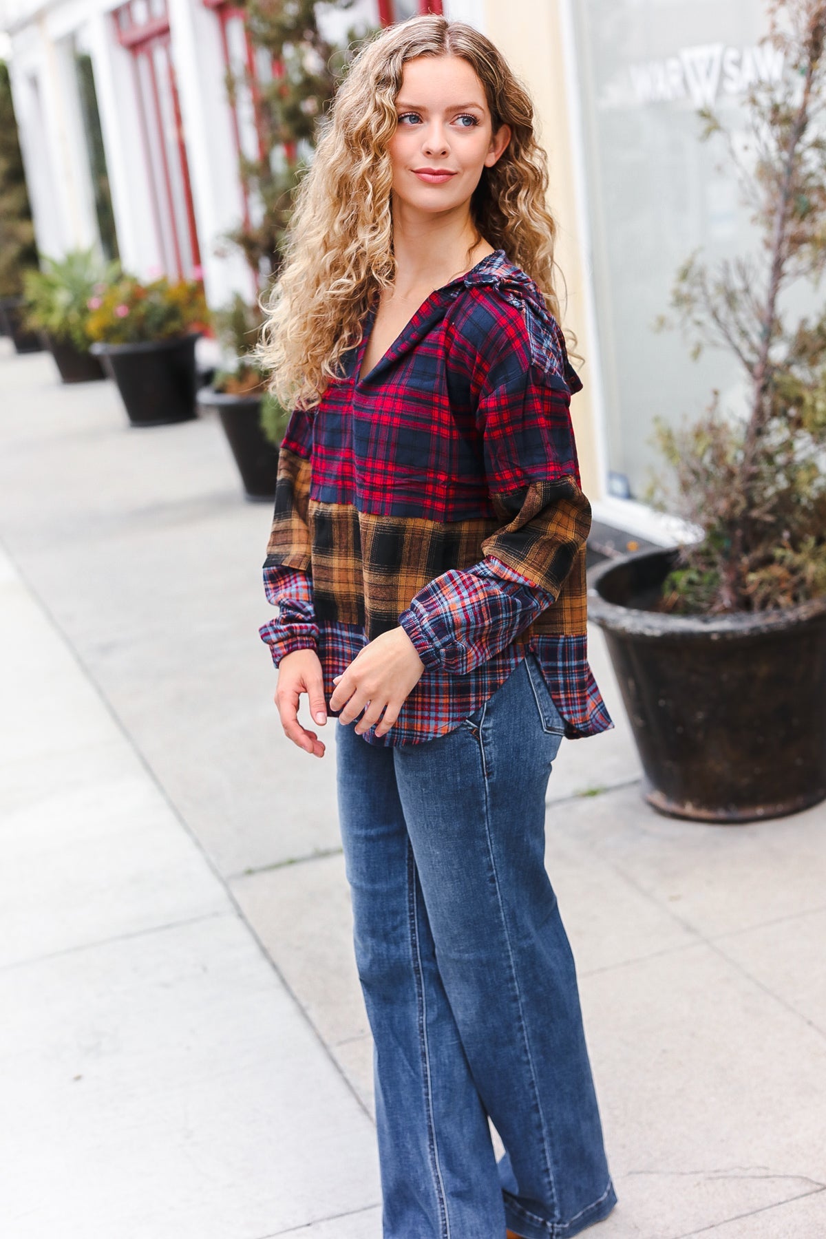 Holiday Ready Red & Mustard Plaid Notched Neck Flannel Hoodie