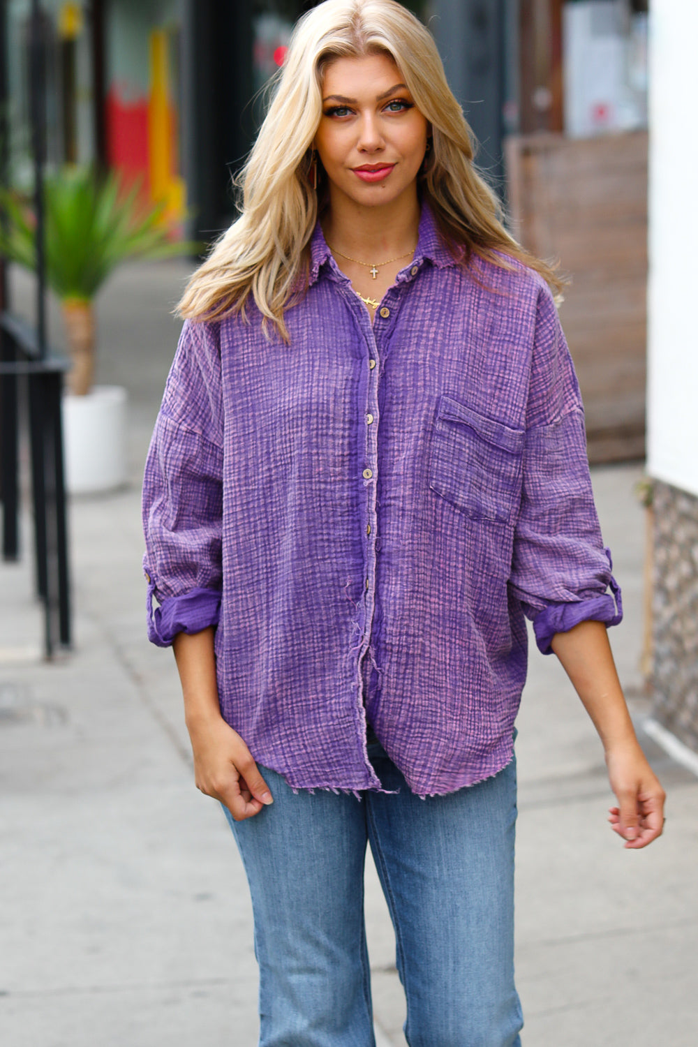 Violet Washed Cotton Gauze Button Down Shirt