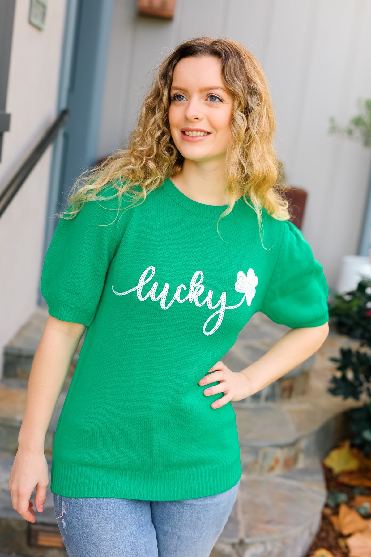 Lucky Lady Shamrock Green Sequin Puff Sleeve Knit Sweater Top