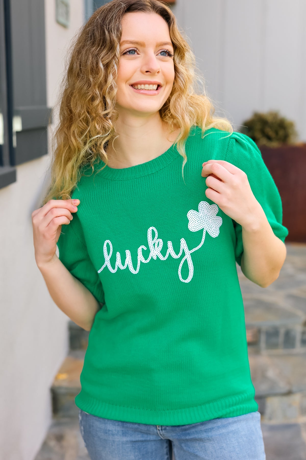 Lucky Lady Shamrock Green Sequin Puff Sleeve Knit Sweater Top