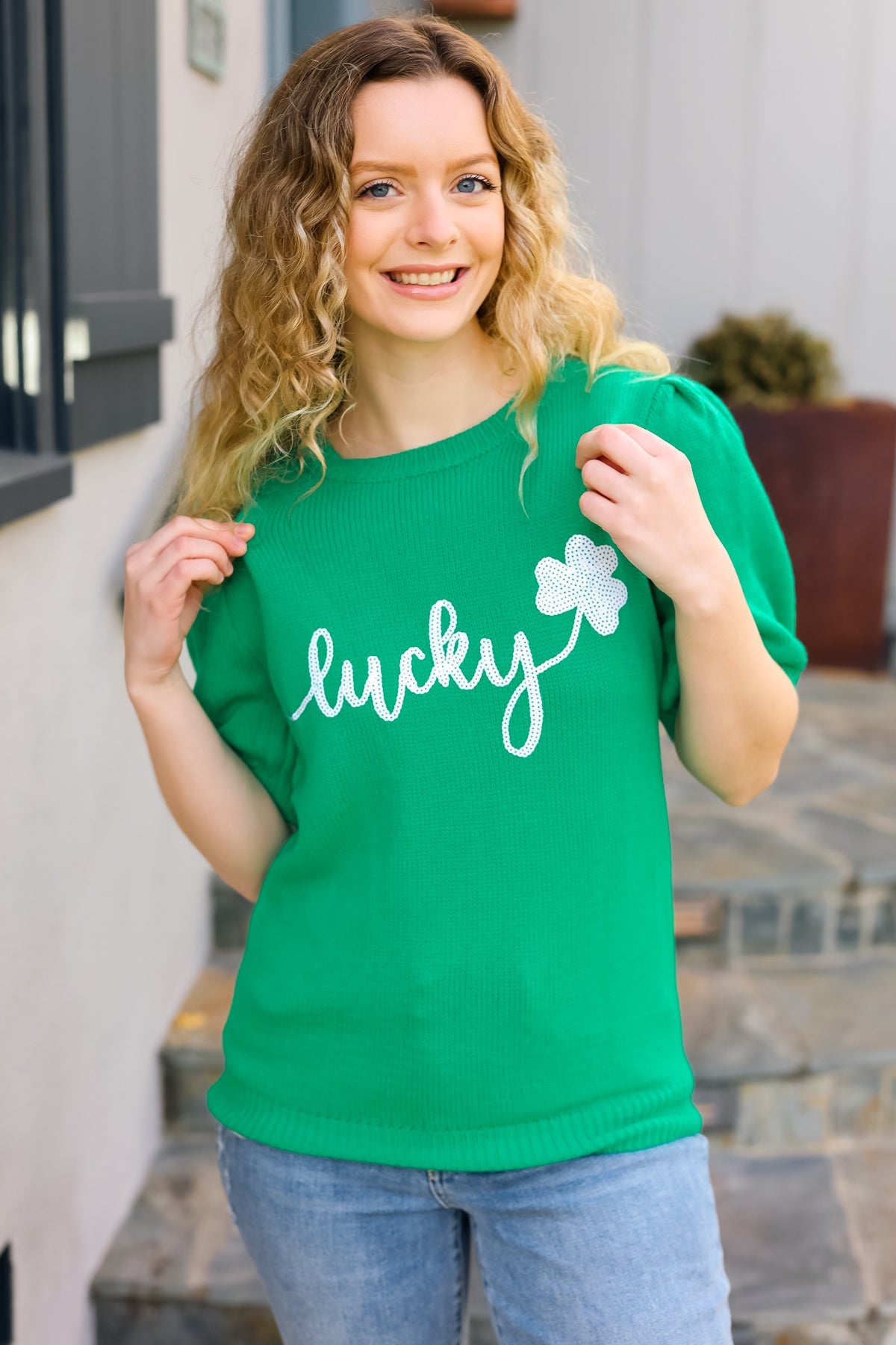 Lucky Lady Shamrock Green Sequin Puff Sleeve Knit Sweater Top