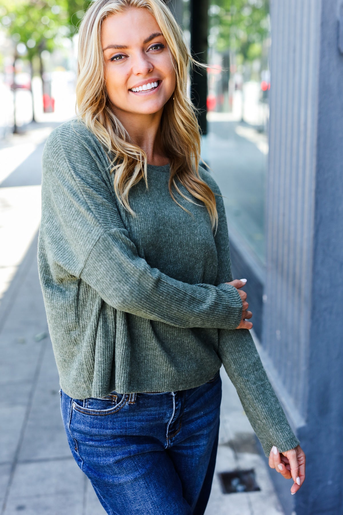 Olive Ribbed Dolman Cropped Sweater