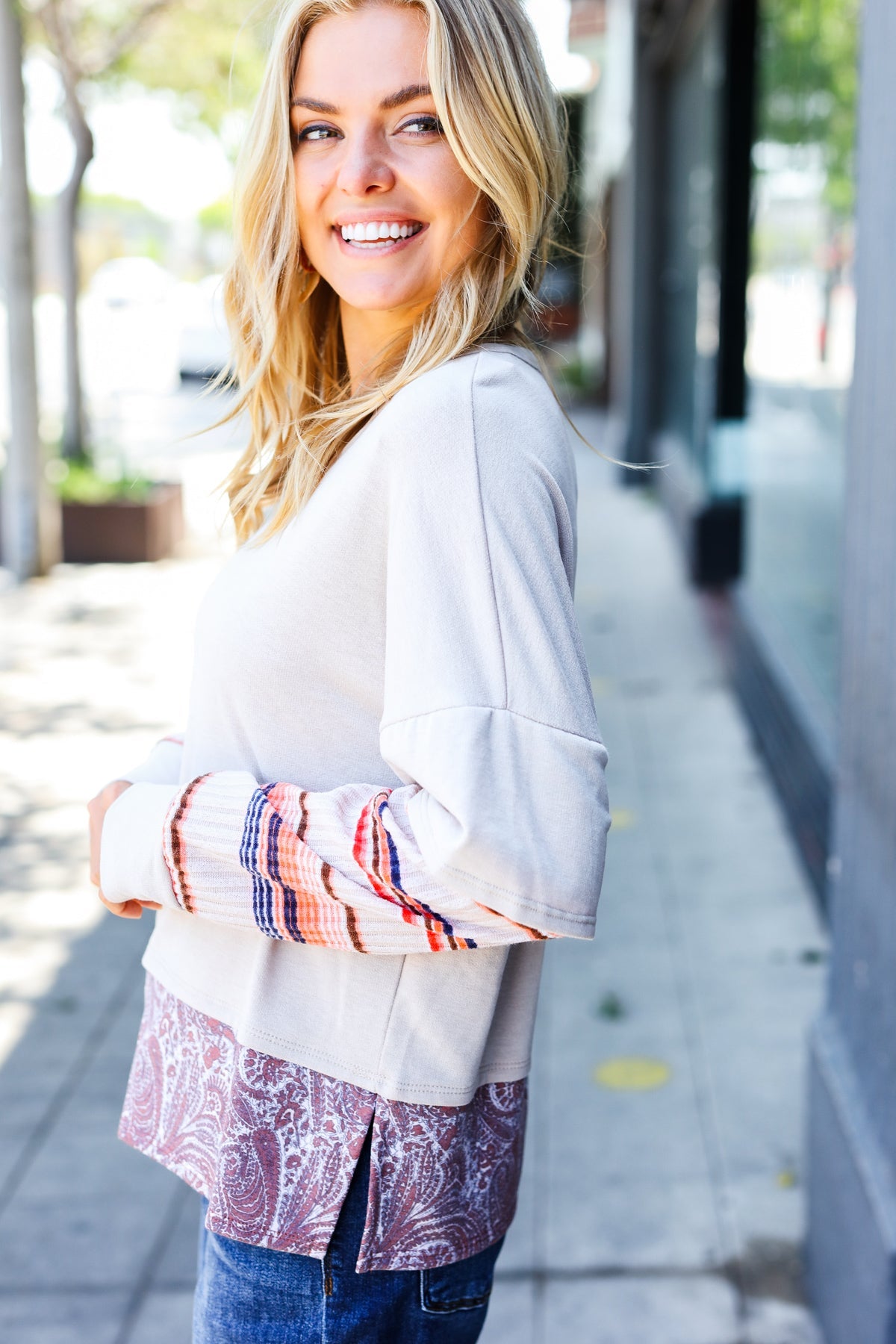 Boho Energy Taupe Stripe & Paisley Twofer Terry Top