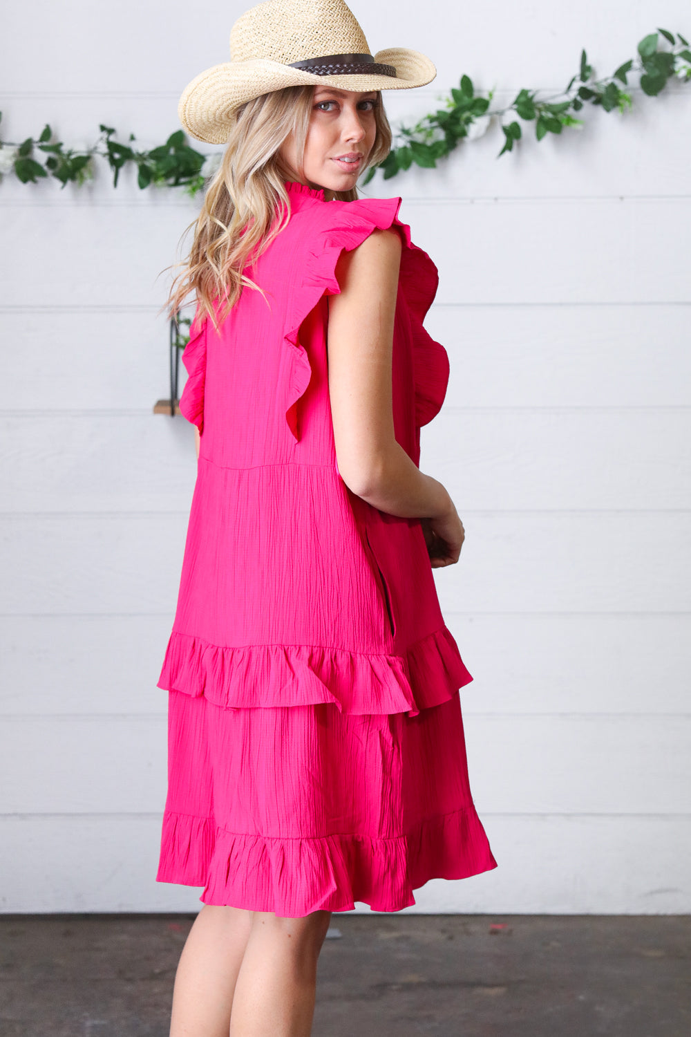 French Rose Tiered Ruffle Crinkle Dress