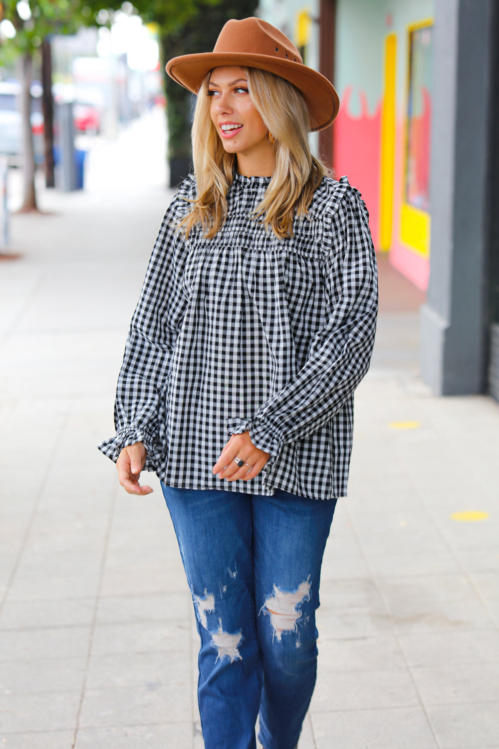 Black Gingham Shirred Yoke Mock Neck Frilled Top