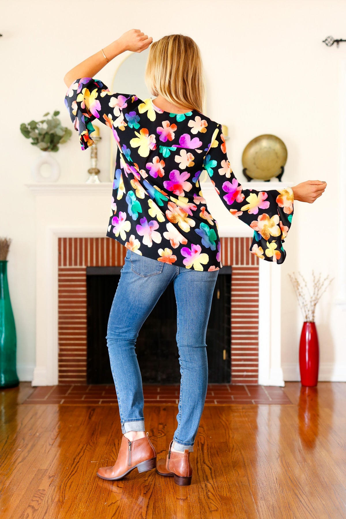 Be Bold Black Floral Hi-Lo Ruffle Sleeve Woven Top