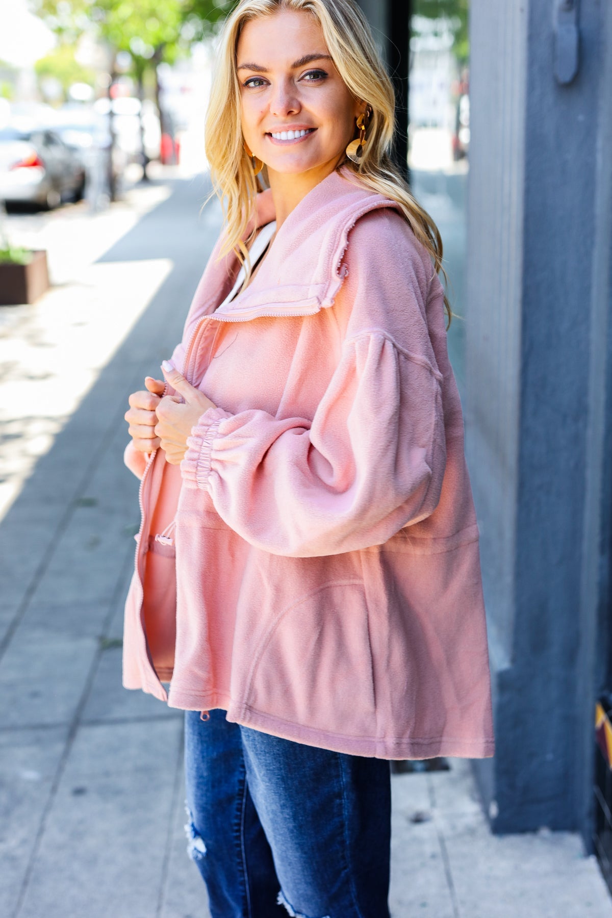 Beautiful You Blush Cinched Waist Zip Up Fleece Jacket