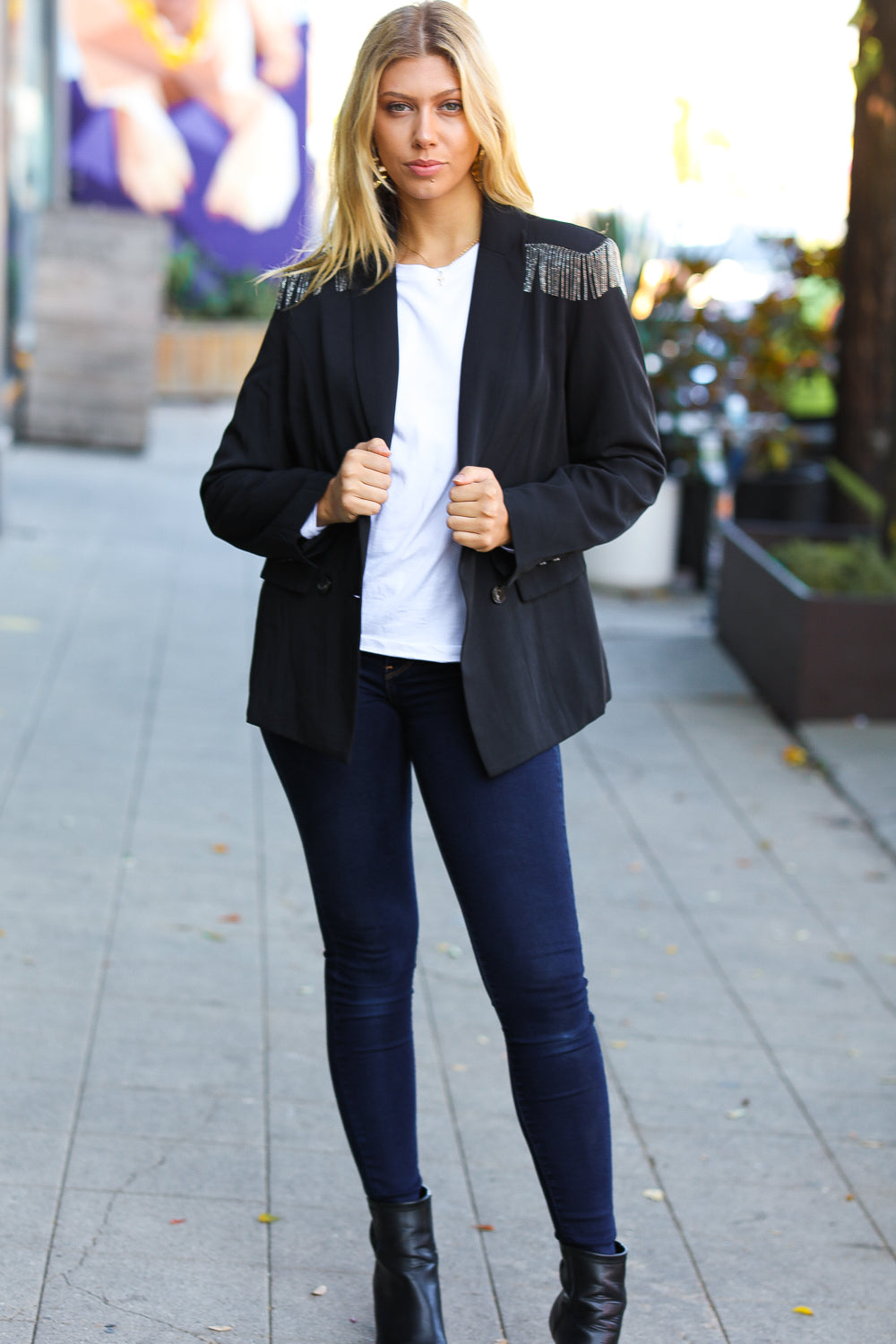 Holiday Ready Black Shoulder Tassel Fringe Blazer