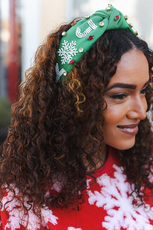 Green Snowflake Jeweled Christmas Top Knot Headband