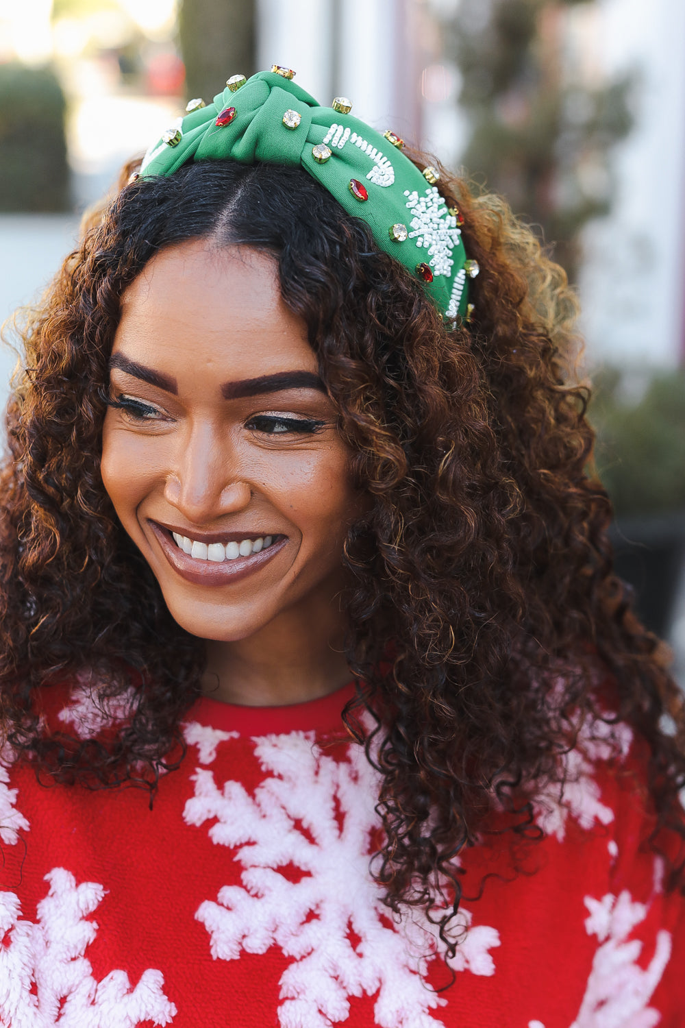 Green Snowflake Jeweled Christmas Top Knot Headband