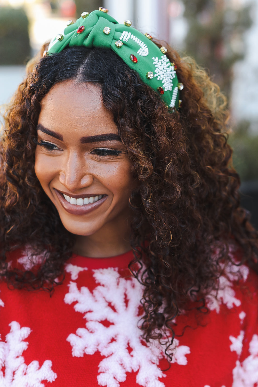 Green Snowflake Jeweled Christmas Top Knot Headband