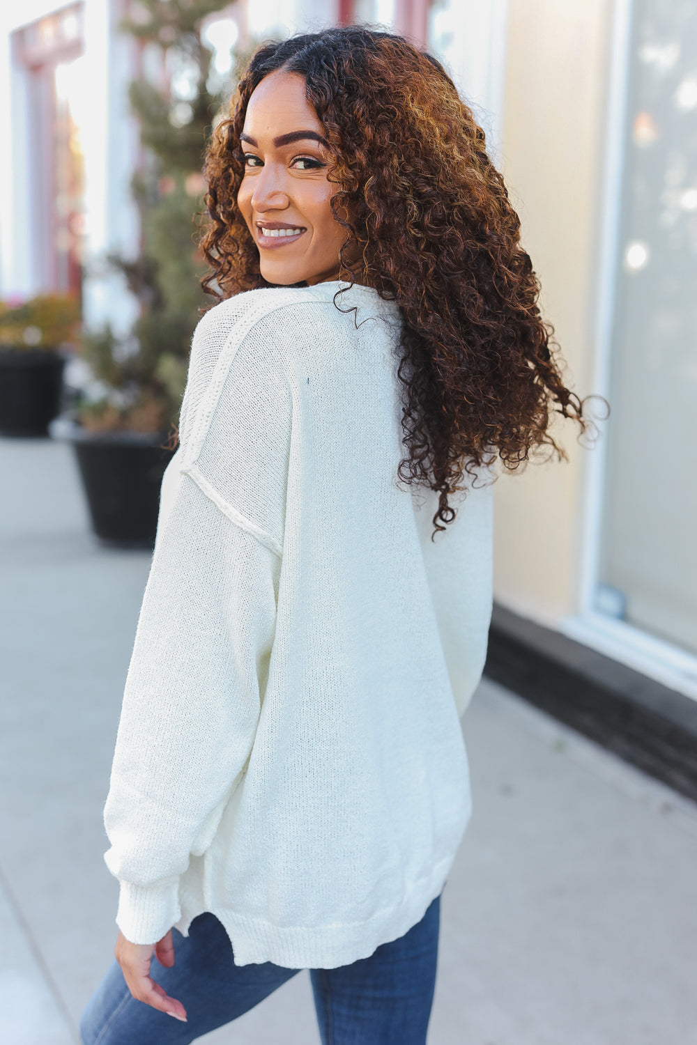 Lock Eyes Ivory Notched Neck With Patch Oversized Sweater