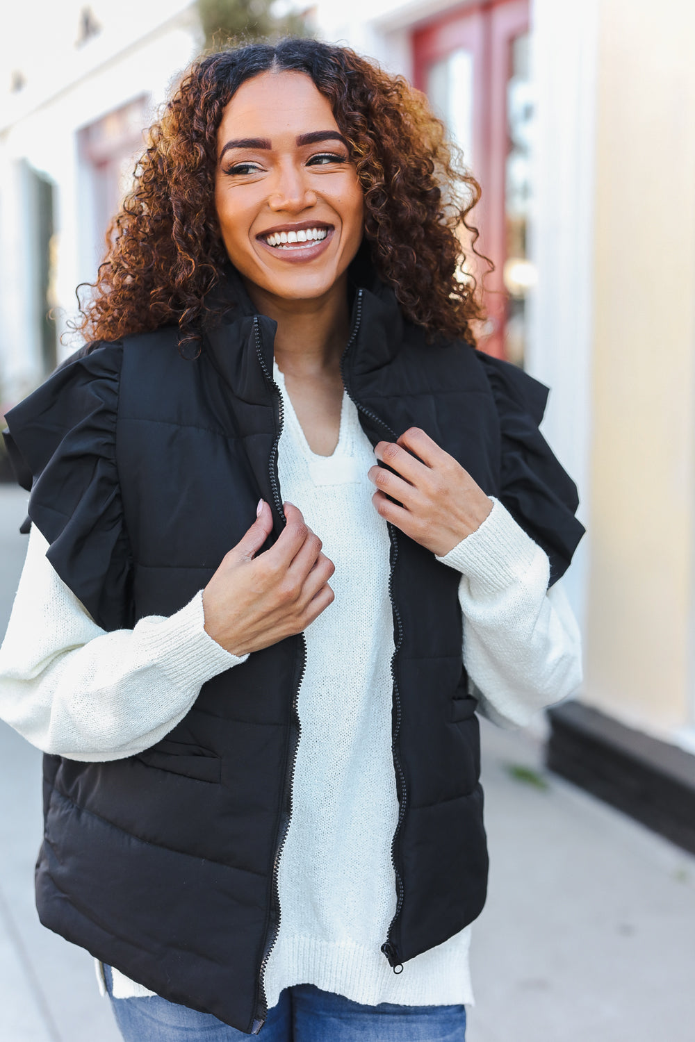 Feeling Festive Black Zipper Up Quilted Ruffle Sleeve Puffer Vest