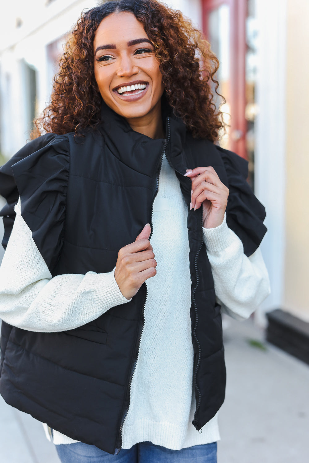 Feeling Festive Black Zipper Up Quilted Ruffle Sleeve Puffer Vest