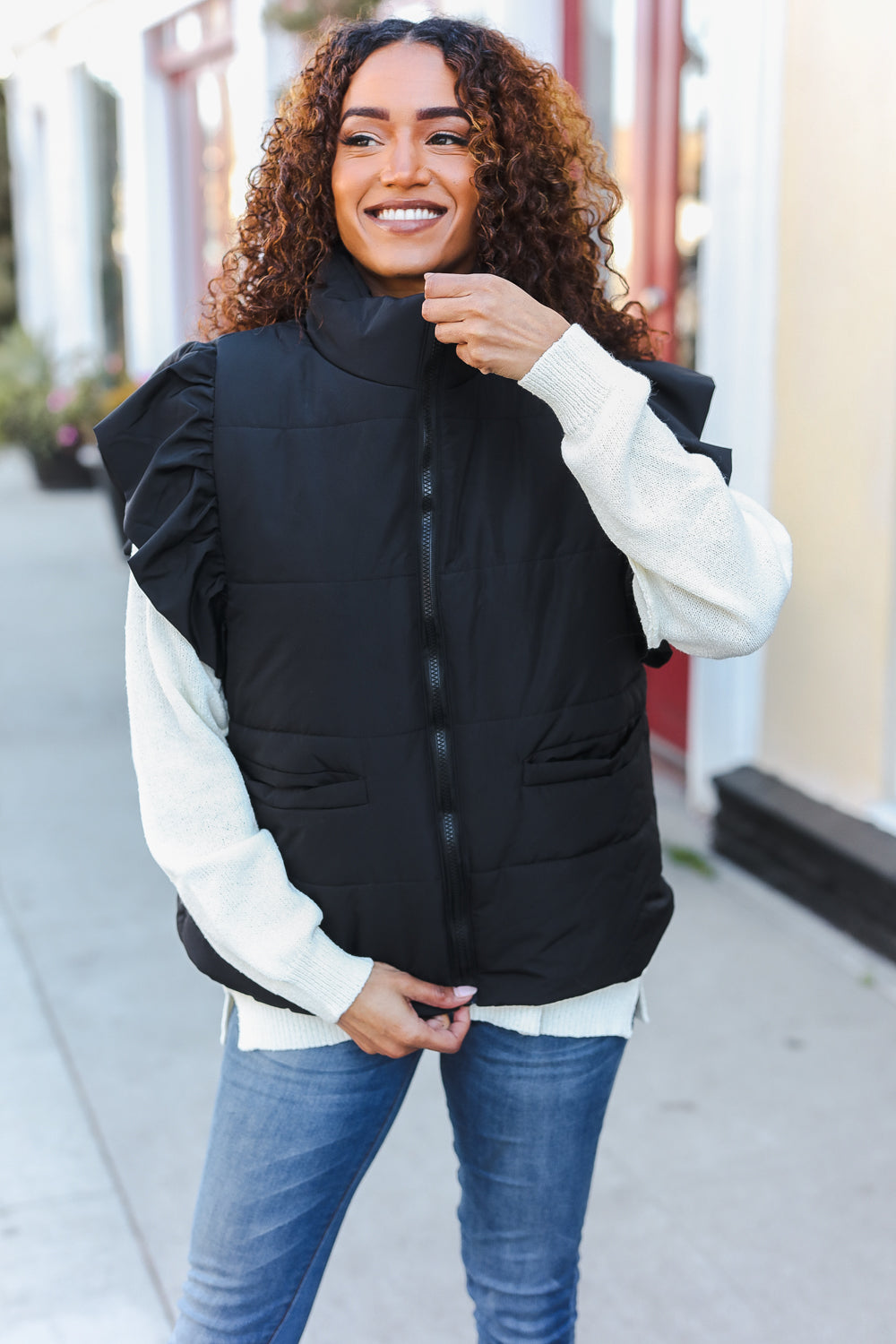 Feeling Festive Black Zipper Up Quilted Ruffle Sleeve Puffer Vest