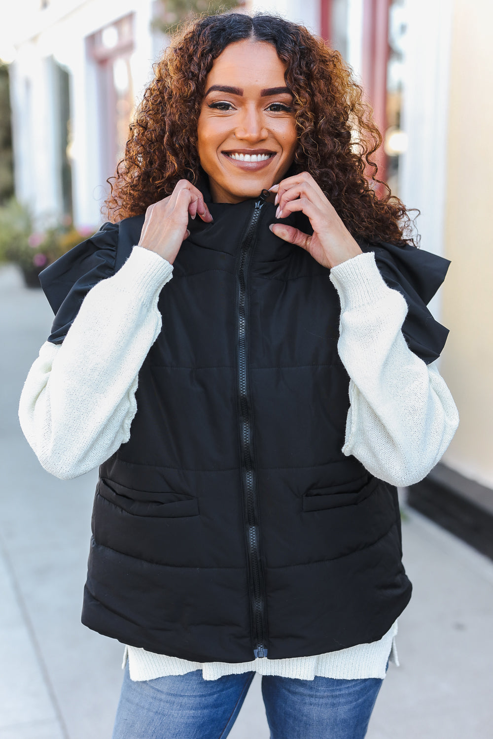 Feeling Festive Black Zipper Up Quilted Ruffle Sleeve Puffer Vest