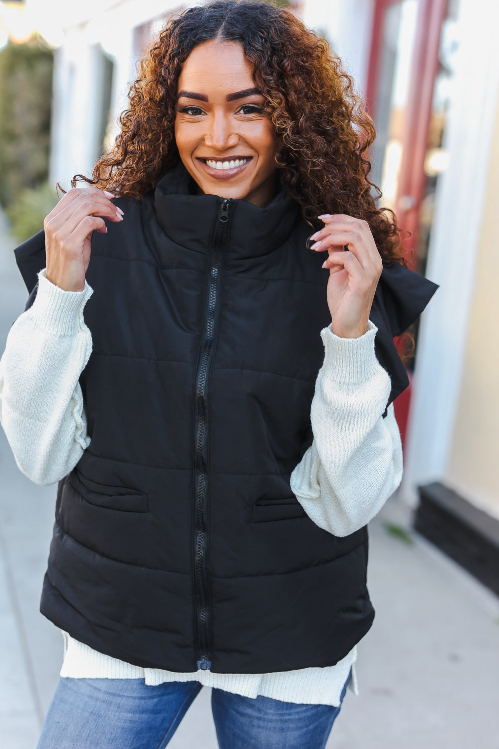 Feeling Festive Black Zipper Up Quilted Ruffle Sleeve Puffer Vest