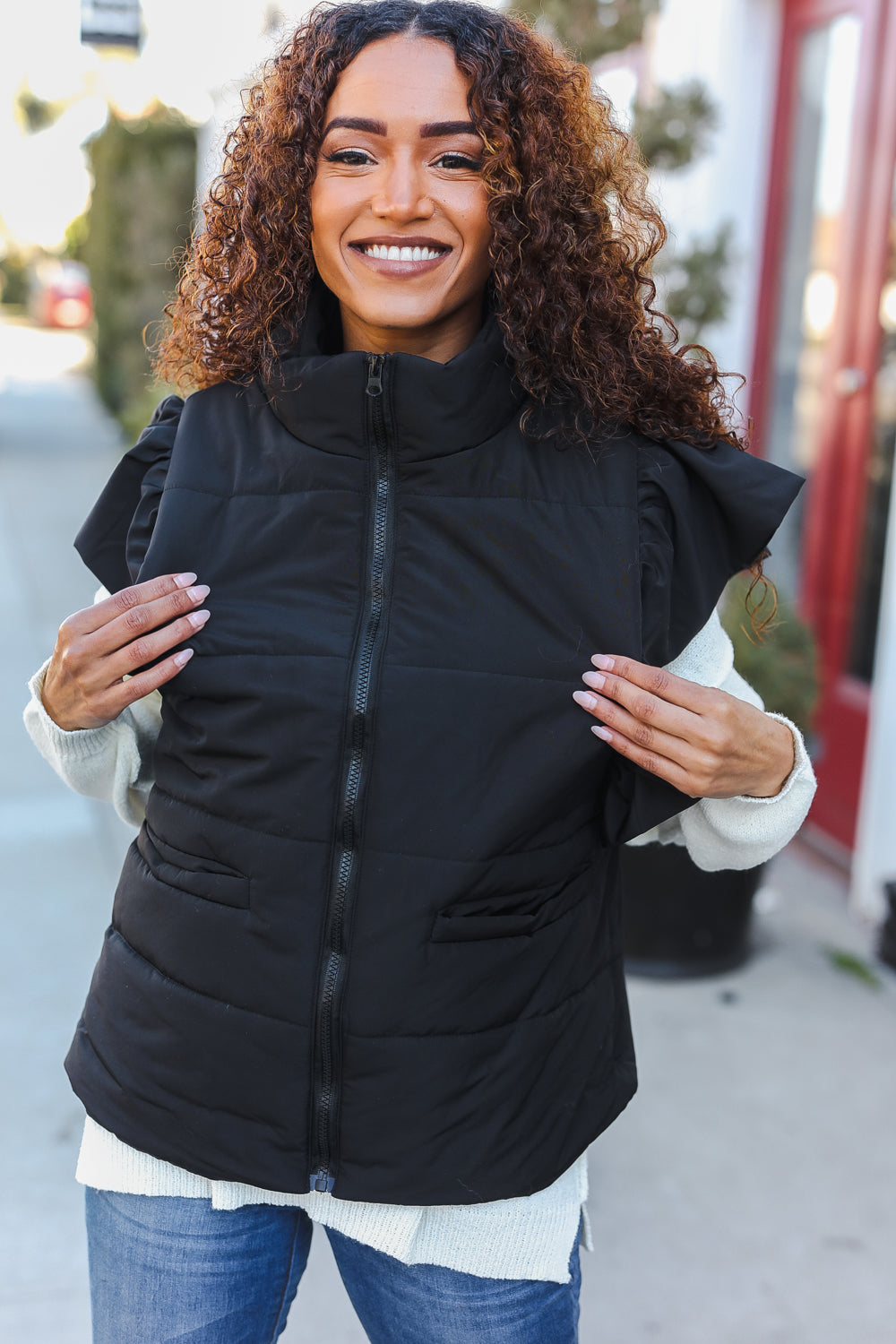 Feeling Festive Black Zipper Up Quilted Ruffle Sleeve Puffer Vest