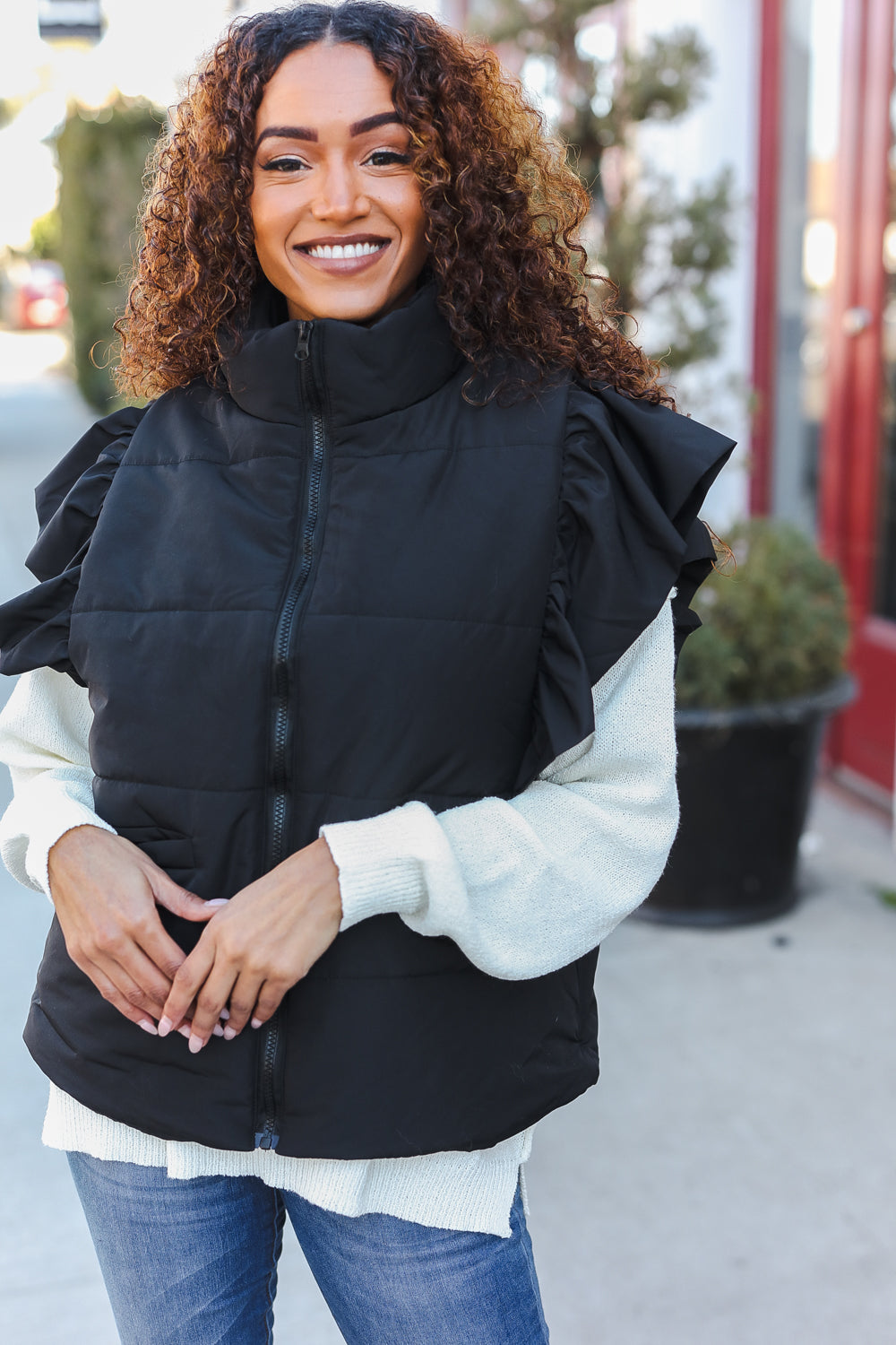 Feeling Festive Black Zipper Up Quilted Ruffle Sleeve Puffer Vest