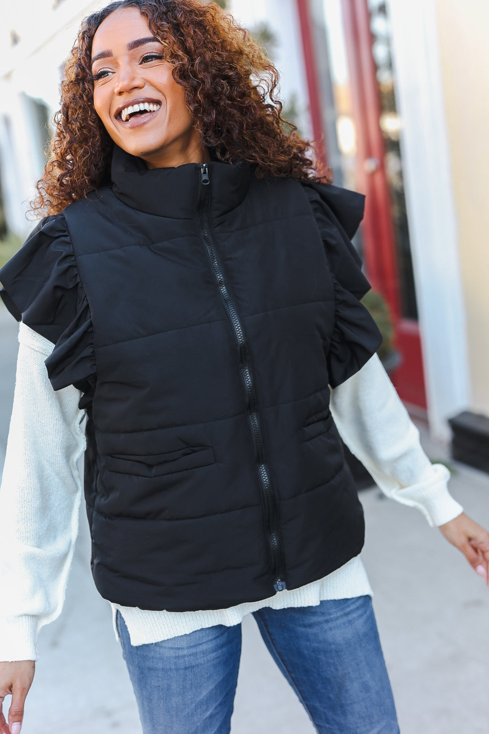 Feeling Festive Black Zipper Up Quilted Ruffle Sleeve Puffer Vest